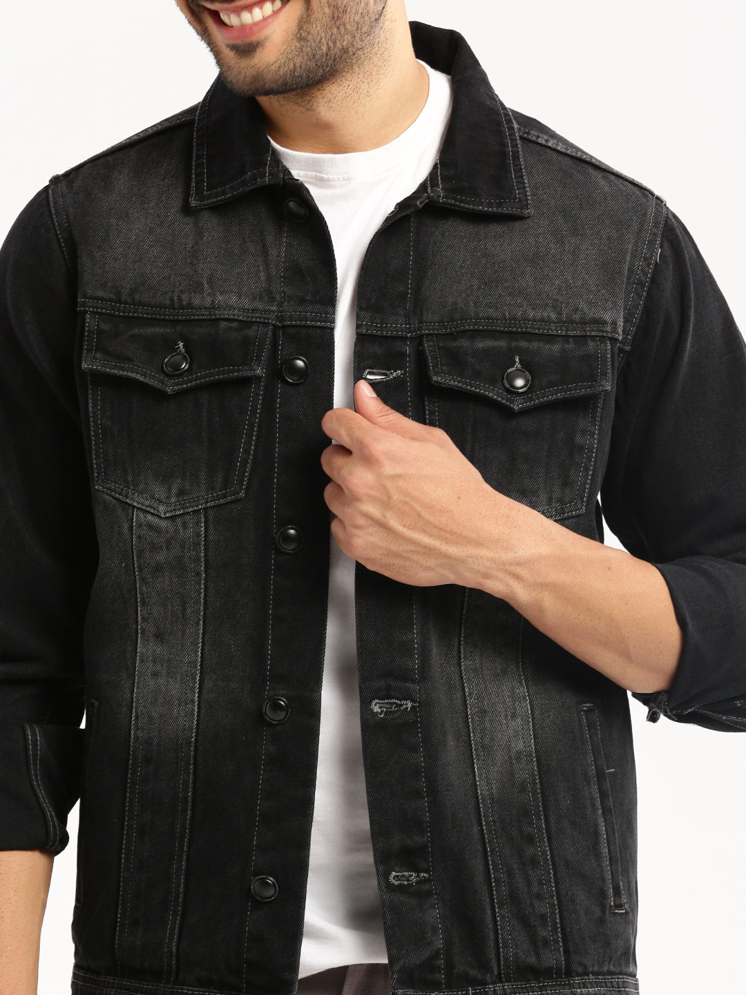 Men Charcoal Spread Collar Solid Denim Jacket