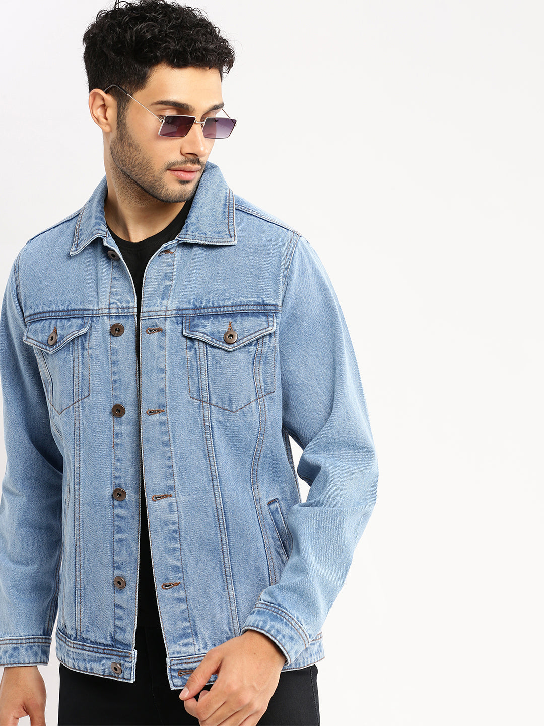 Men Blue Spread Collar Solid Denim Jacket