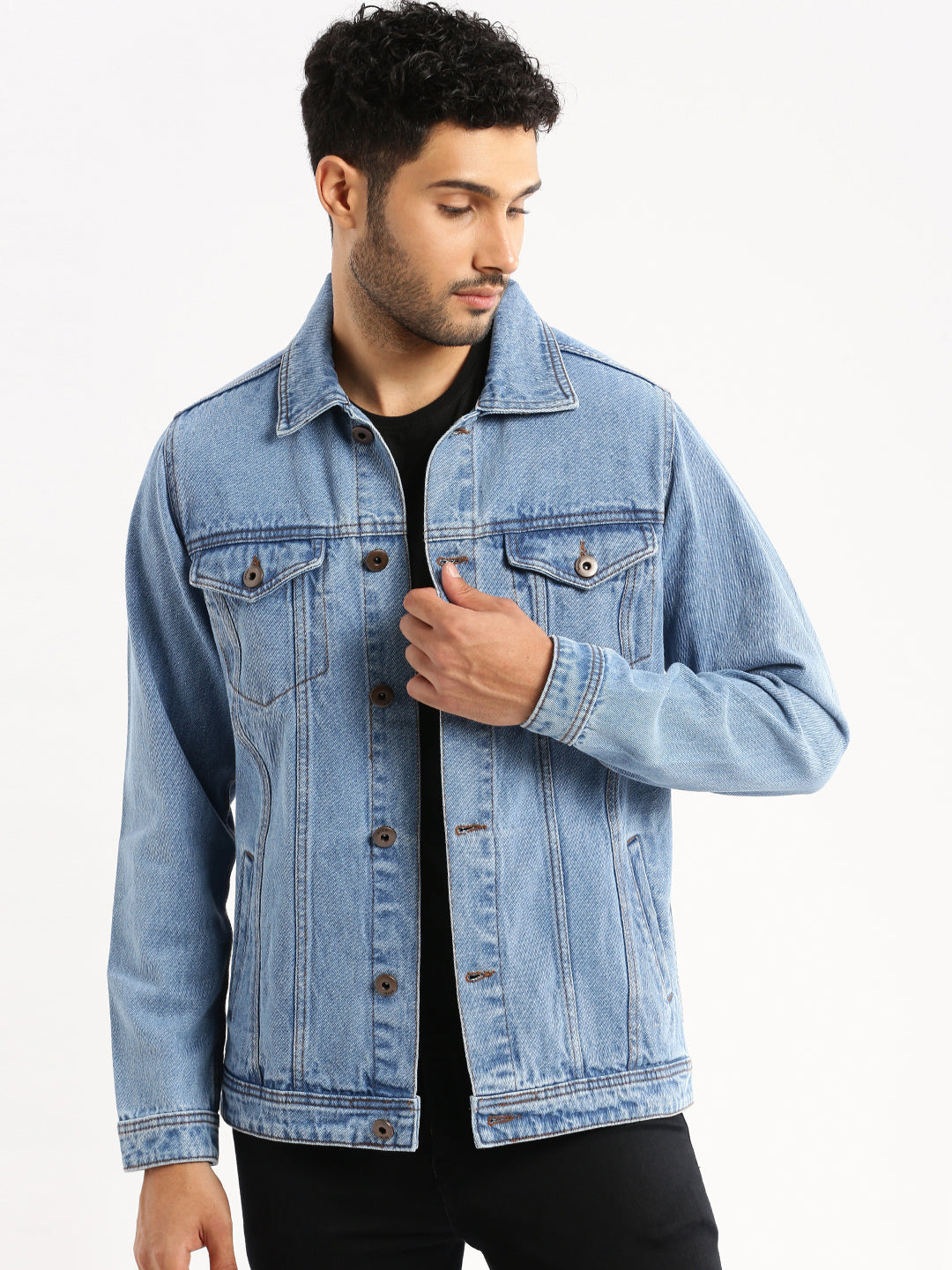 Men Blue Spread Collar Solid Denim Jacket