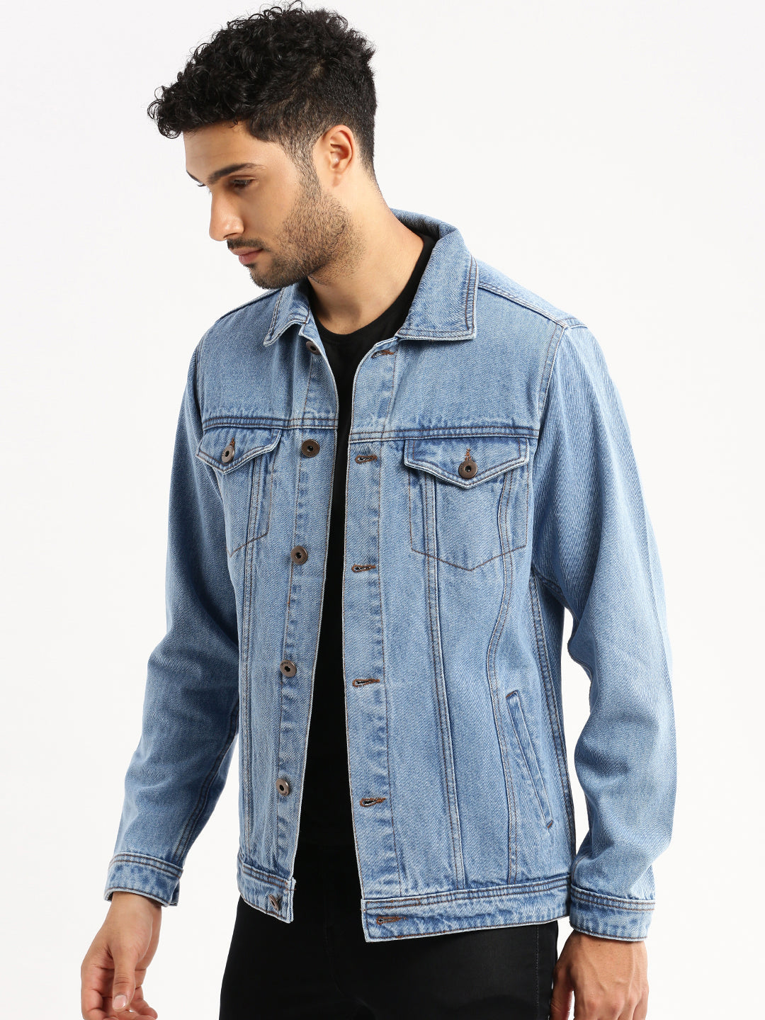 Men Blue Spread Collar Solid Denim Jacket