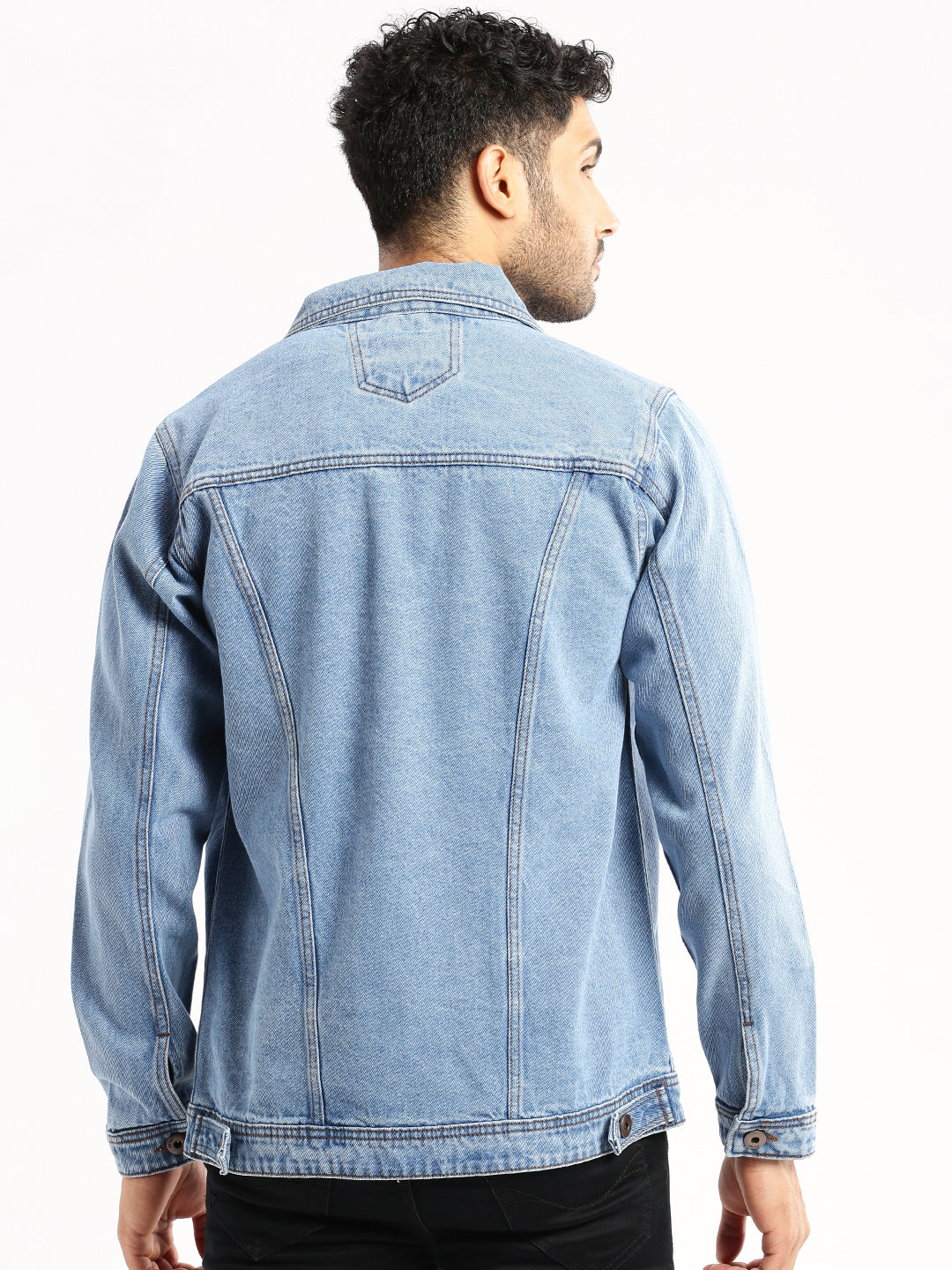 Men Blue Spread Collar Solid Denim Jacket