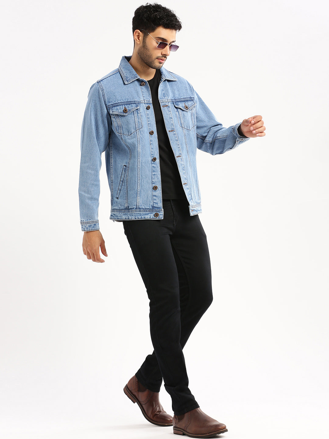 Men Blue Spread Collar Solid Denim Jacket