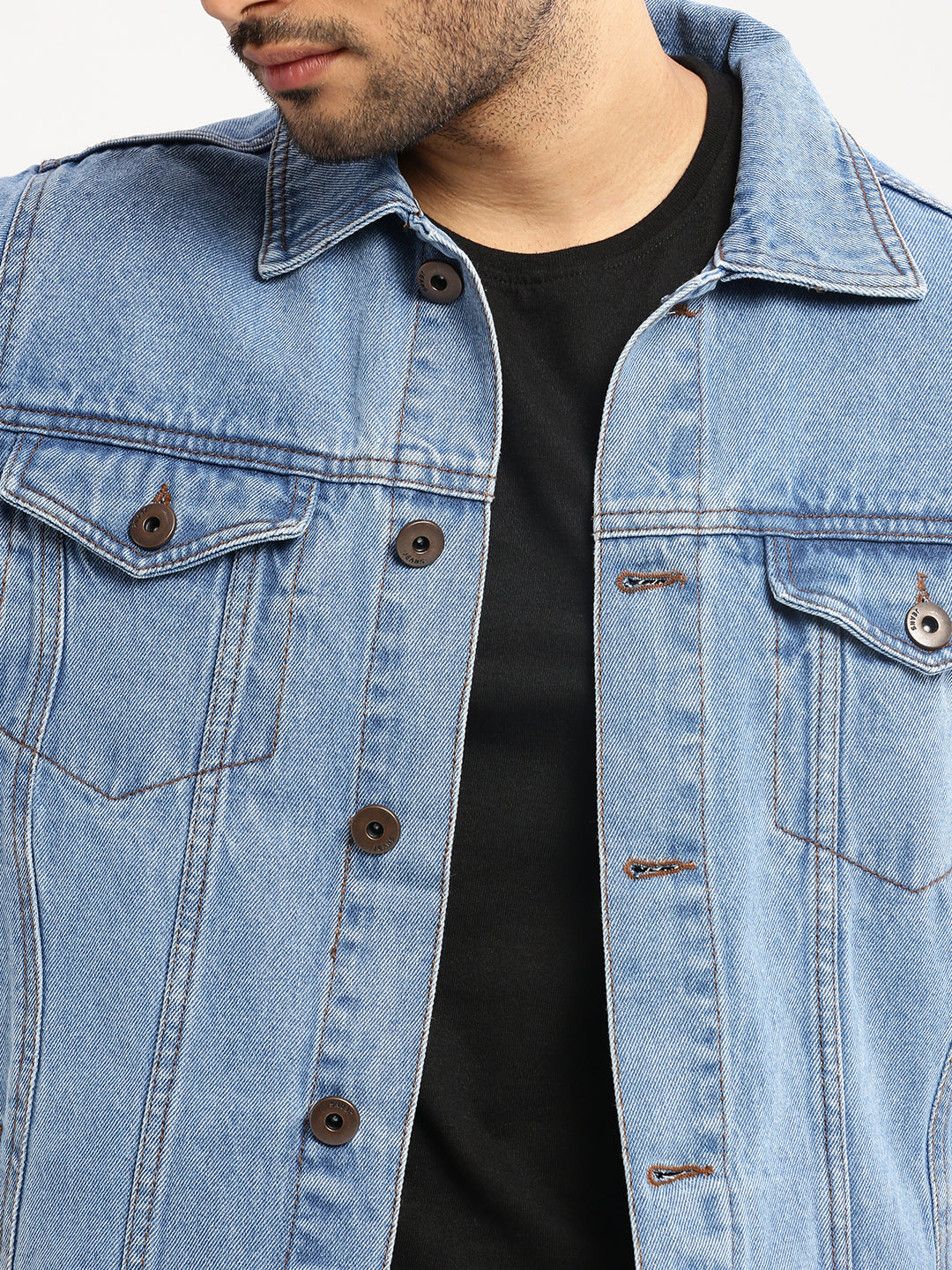 Men Blue Spread Collar Solid Denim Jacket