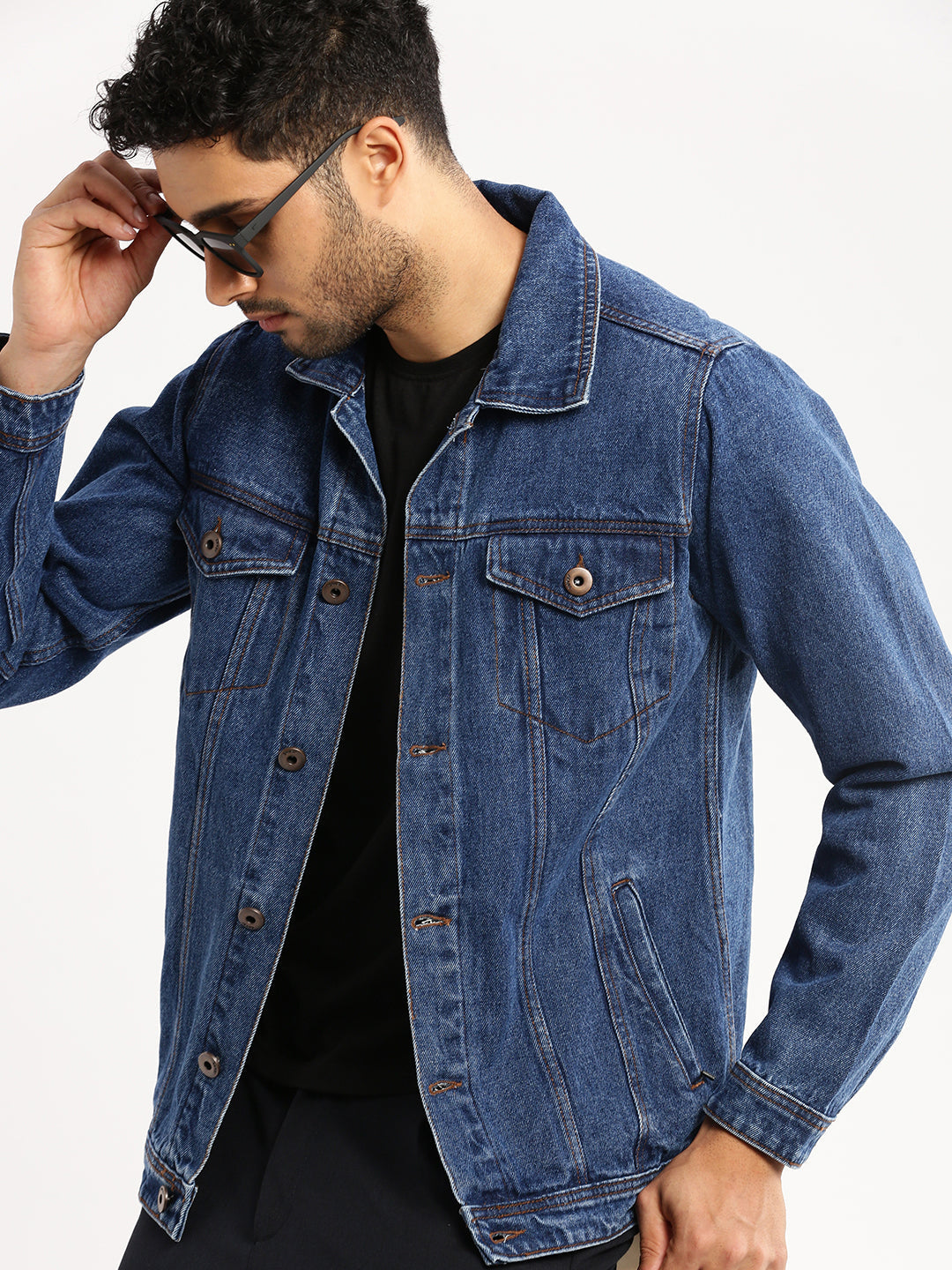 Men Navy Blue Spread Collar Solid Denim Jacket