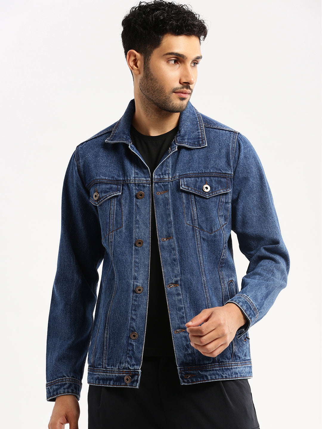 Men Navy Blue Spread Collar Solid Denim Jacket