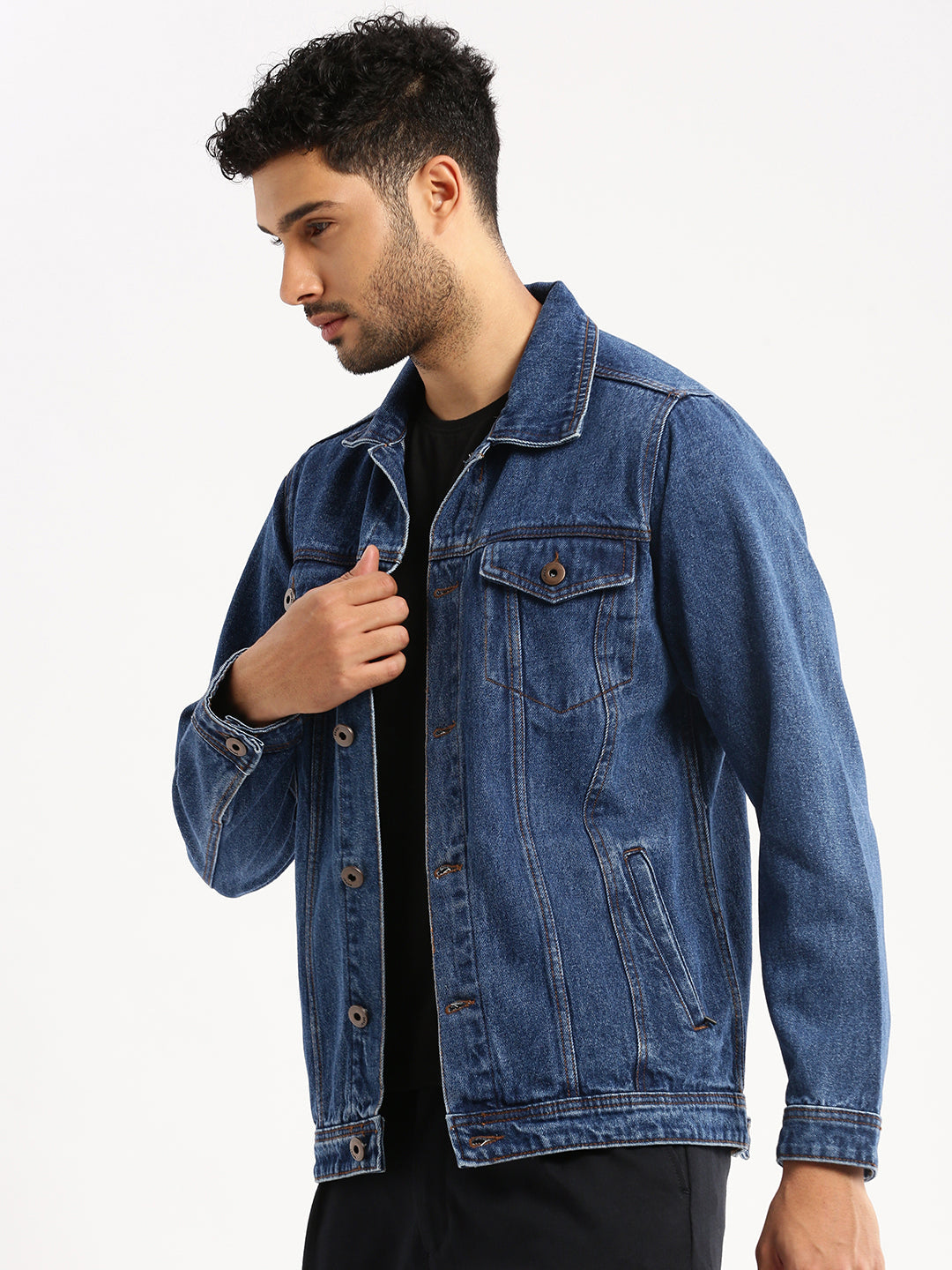 Men Navy Blue Spread Collar Solid Denim Jacket