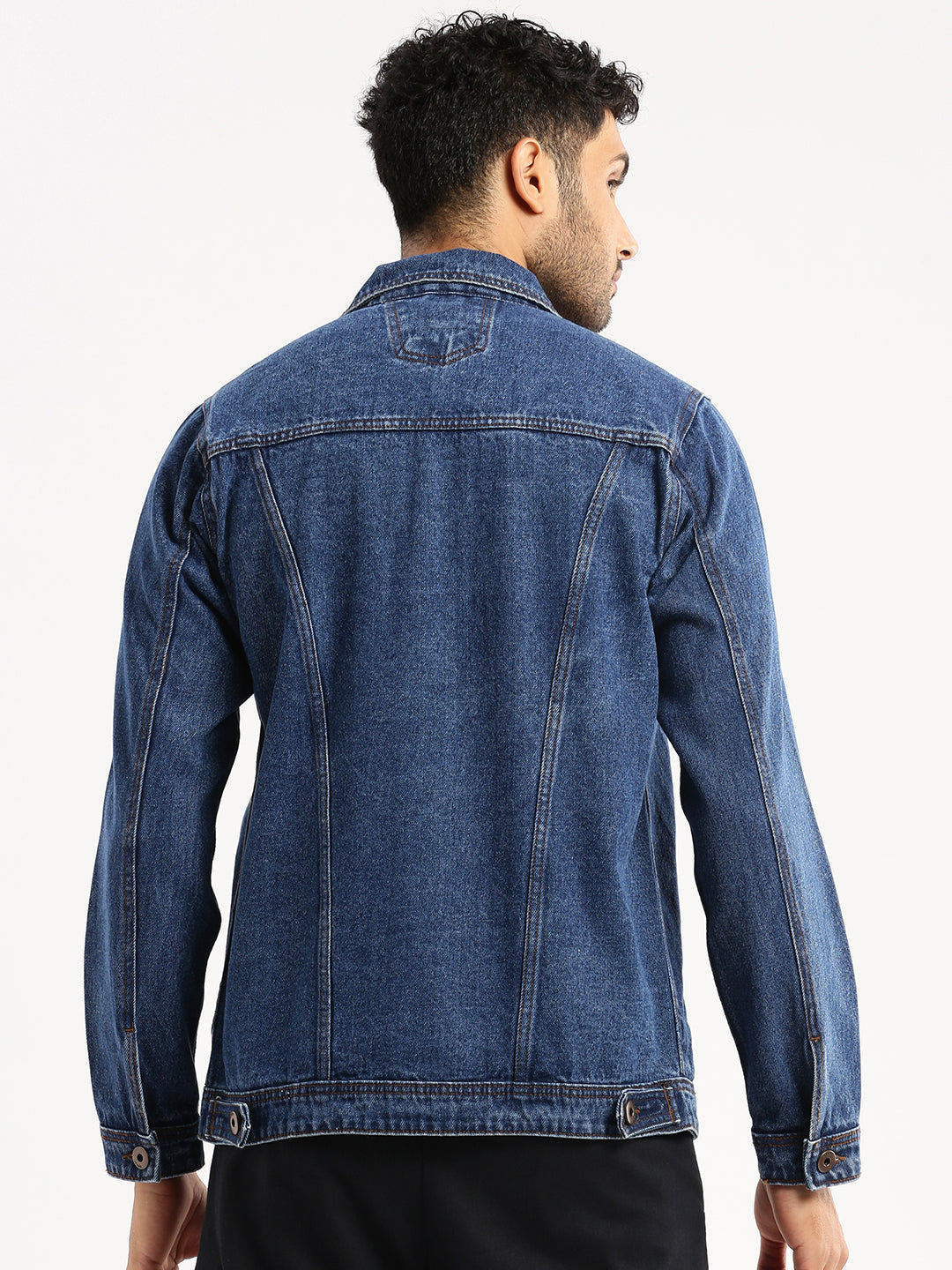 Men Navy Blue Spread Collar Solid Denim Jacket