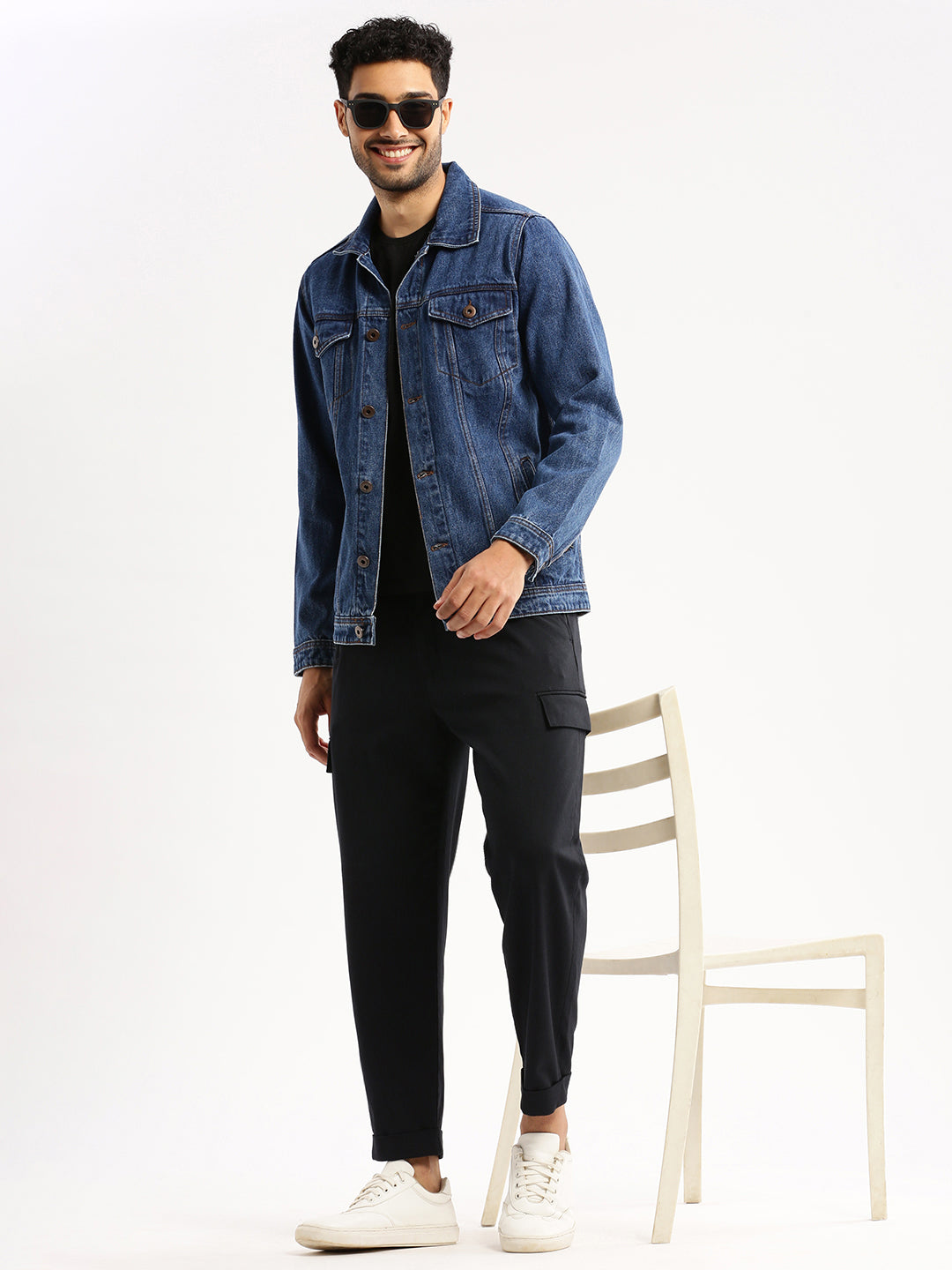 Men Navy Blue Spread Collar Solid Denim Jacket