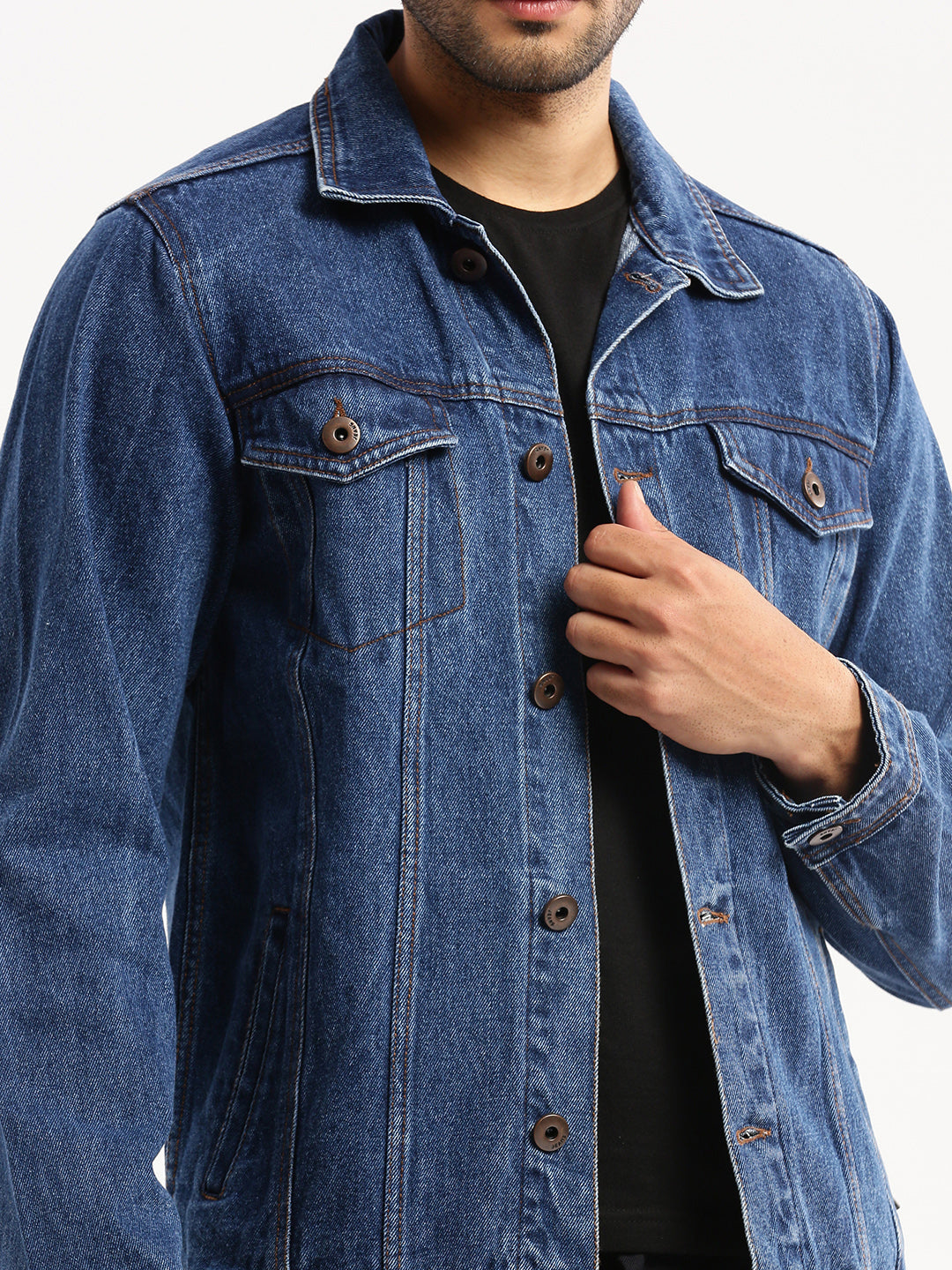 Men Navy Blue Spread Collar Solid Denim Jacket