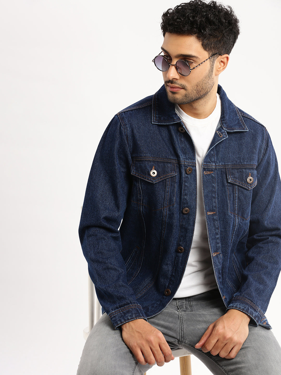 Men Navy Blue Spread Collar Solid Denim Jacket