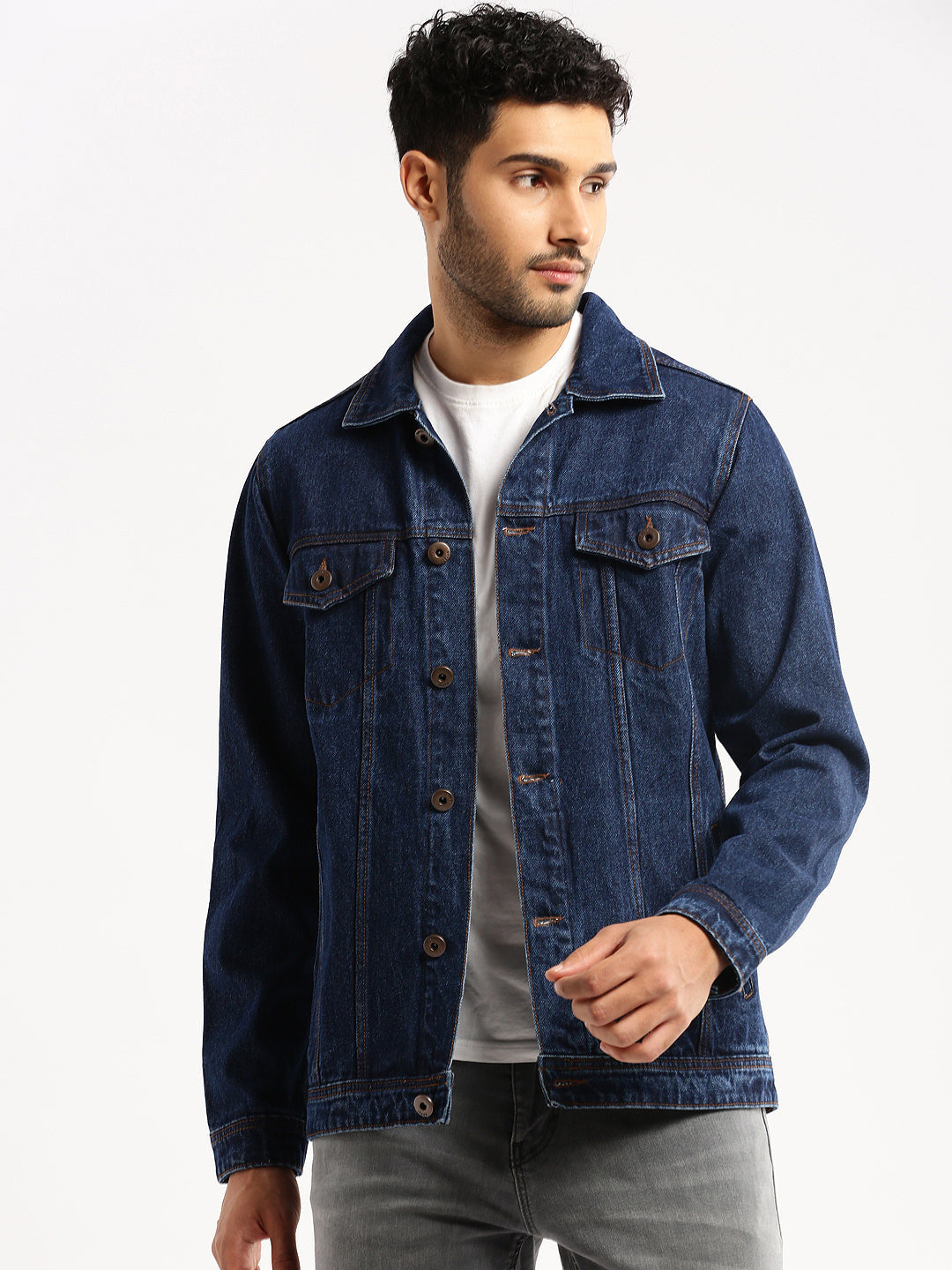 Men Navy Blue Spread Collar Solid Denim Jacket