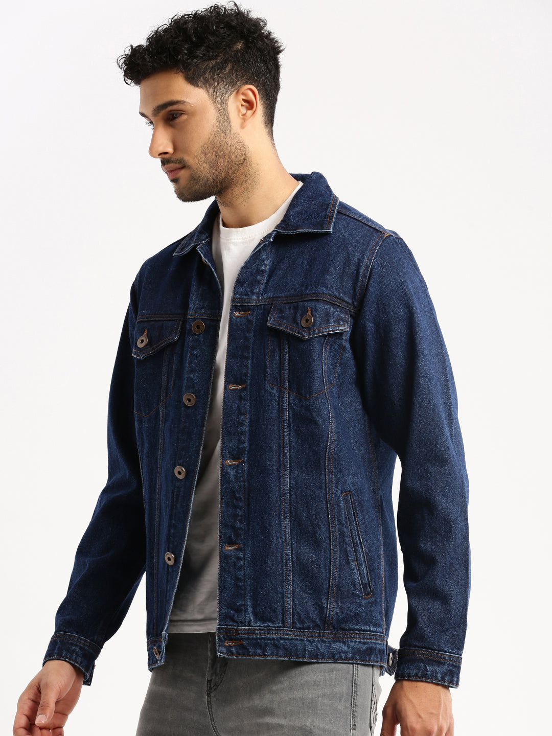 Men Navy Blue Spread Collar Solid Denim Jacket