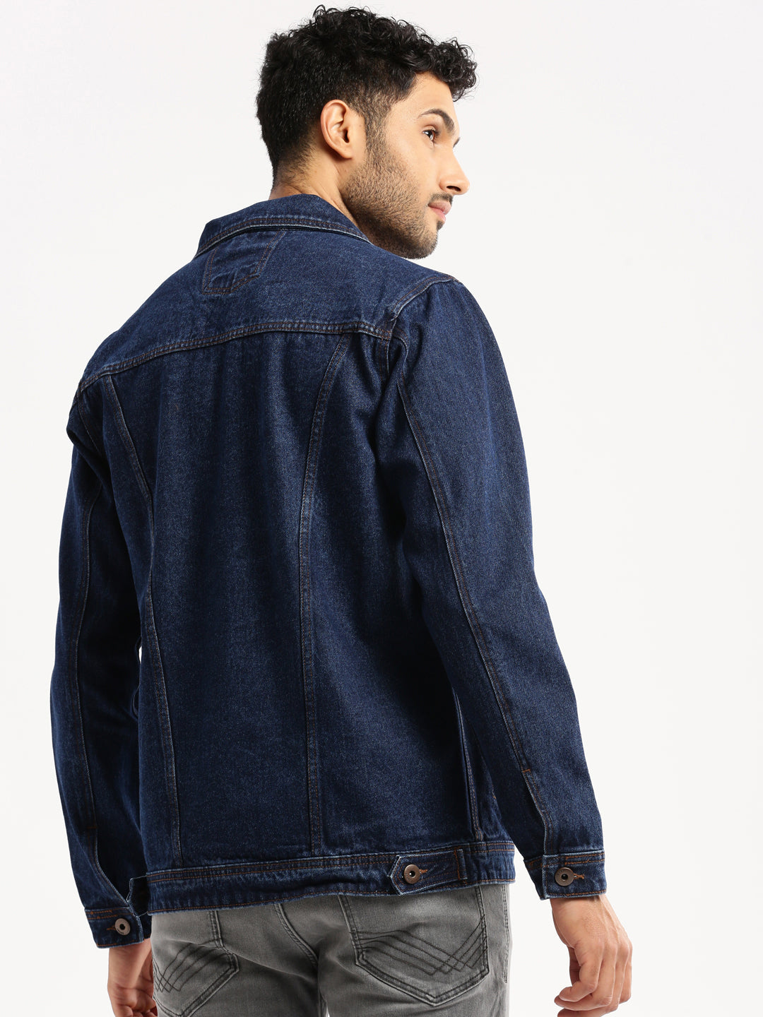 Men Navy Blue Spread Collar Solid Denim Jacket