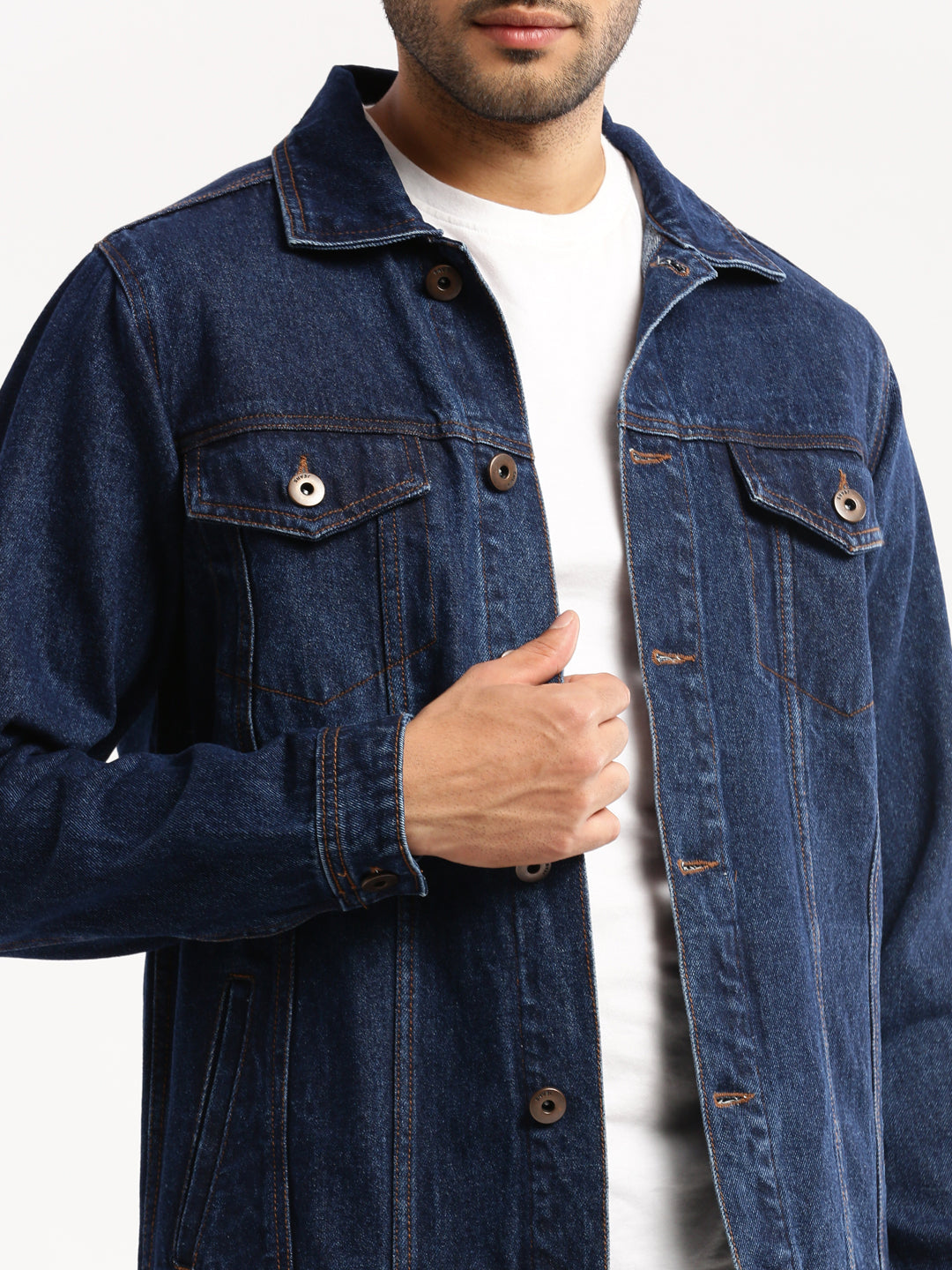 Men Navy Blue Spread Collar Solid Denim Jacket