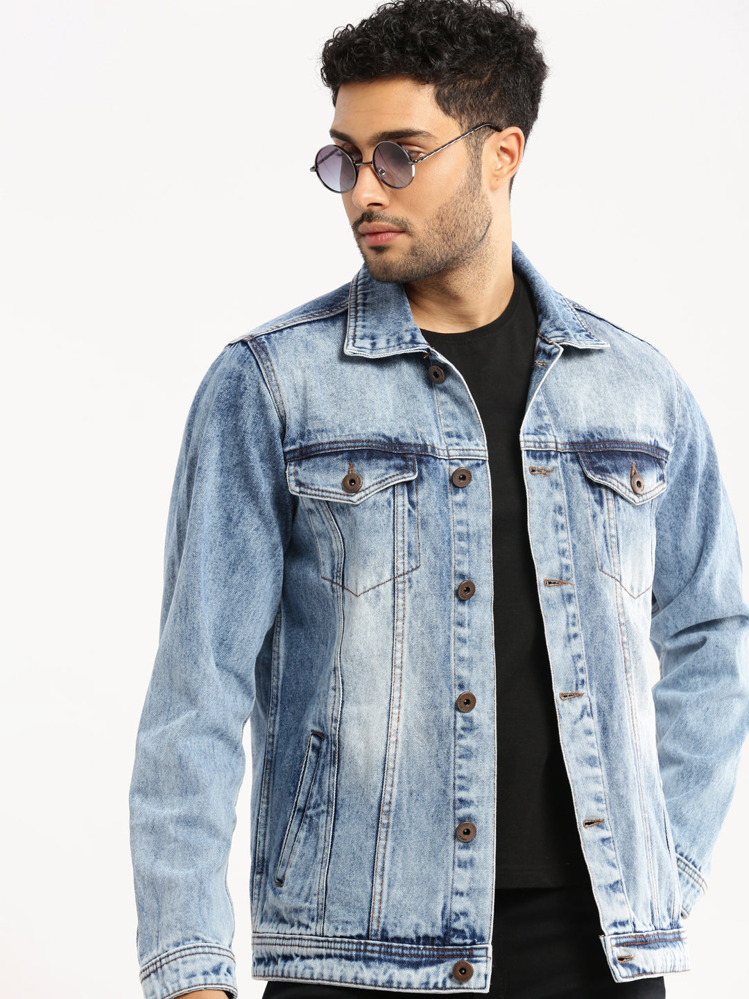 Men Blue Spread Collar Solid Denim Jacket