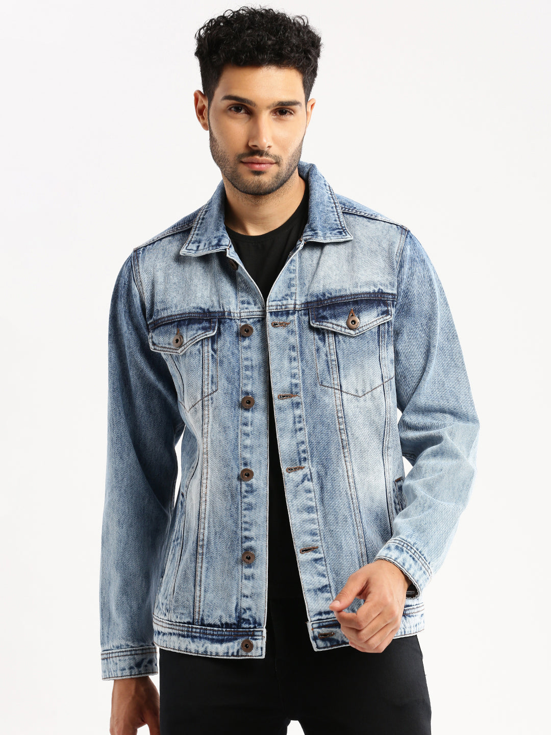 Men Blue Spread Collar Solid Denim Jacket