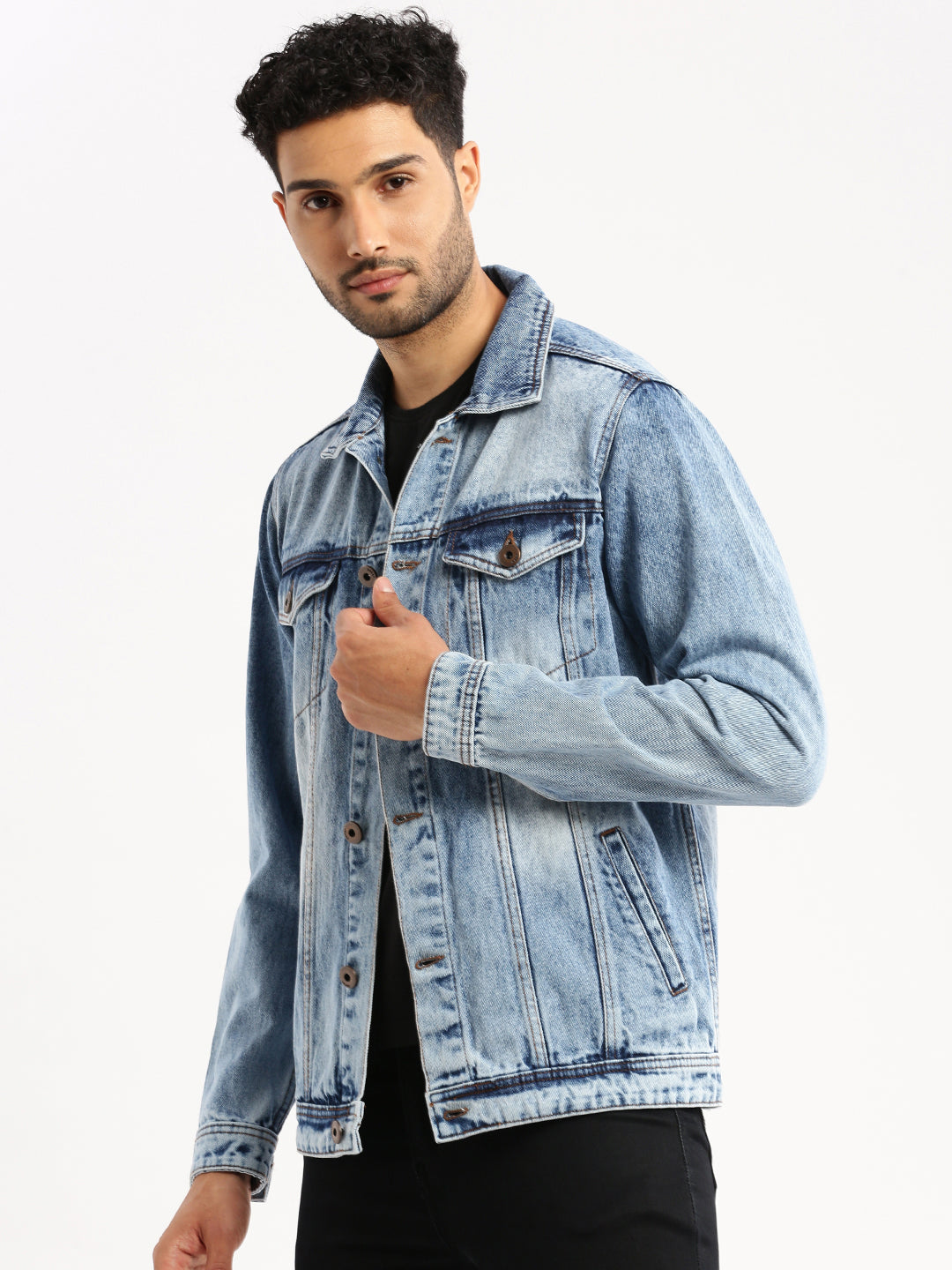 Men Blue Spread Collar Solid Denim Jacket