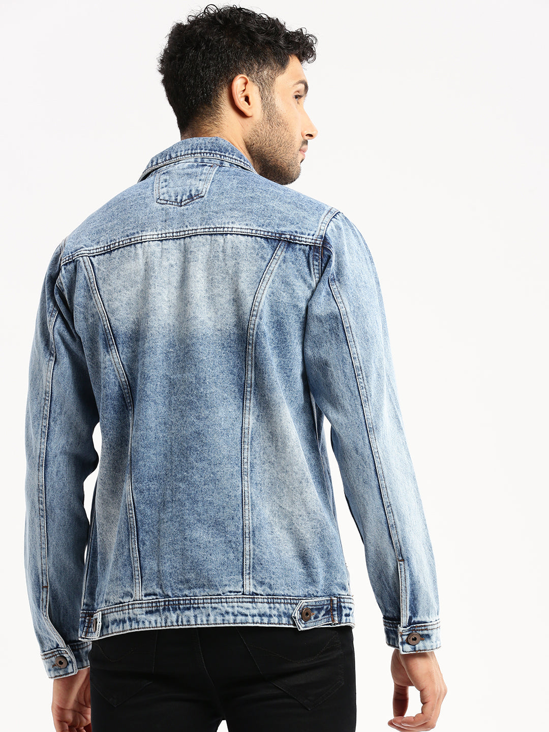 Men Blue Spread Collar Solid Denim Jacket