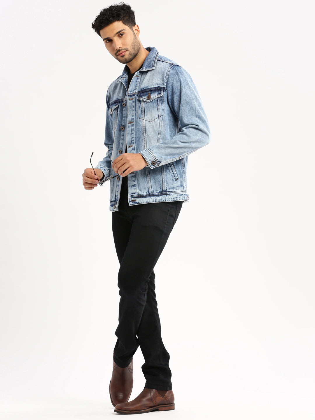 Men Blue Spread Collar Solid Denim Jacket