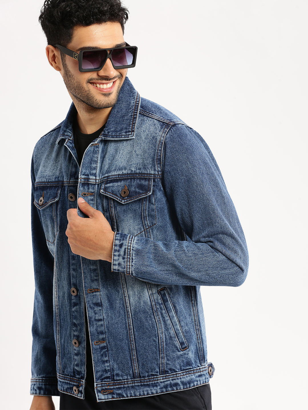 Men Blue Spread Collar Solid Denim Jacket