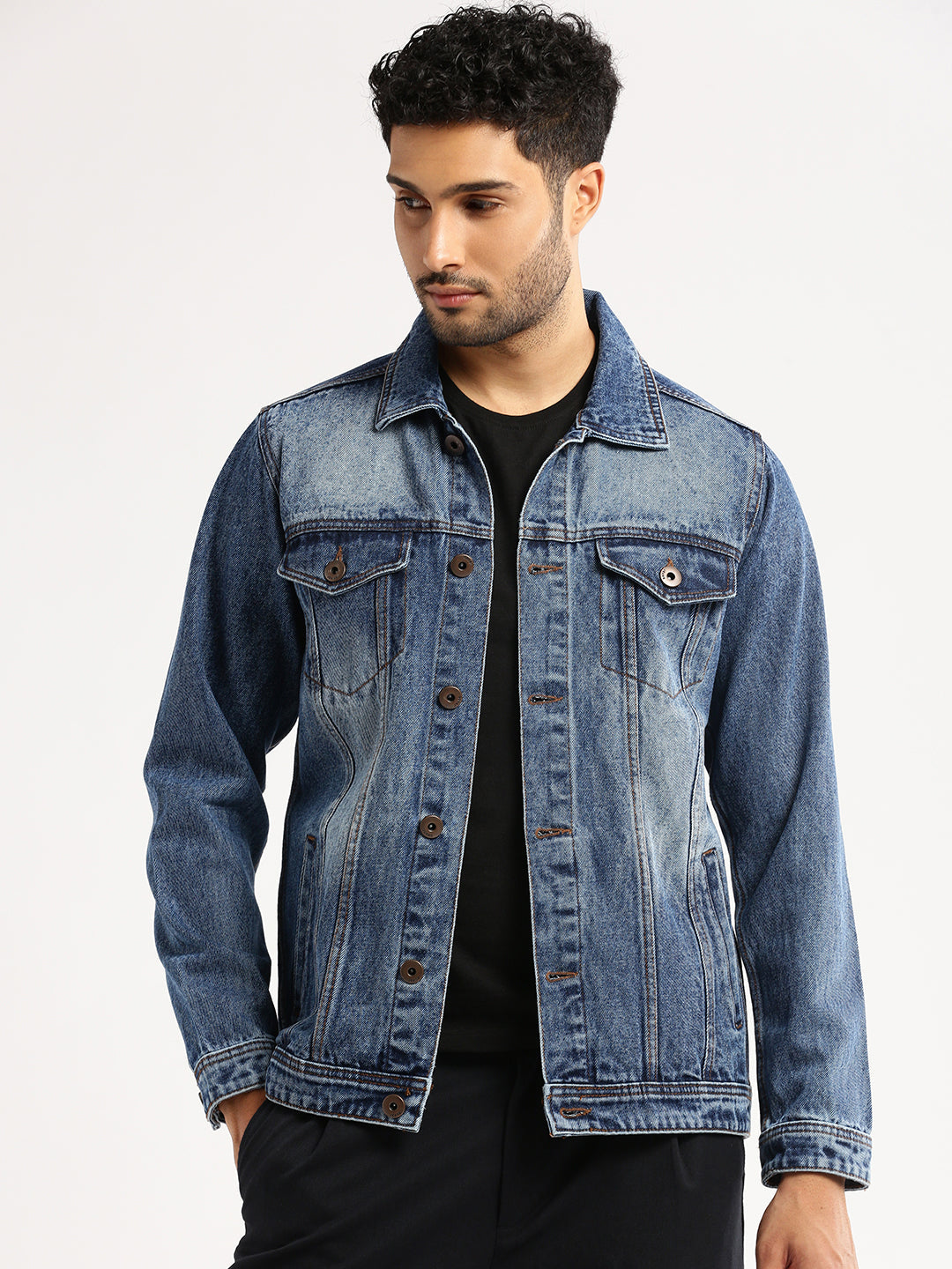 Men Blue Spread Collar Solid Denim Jacket