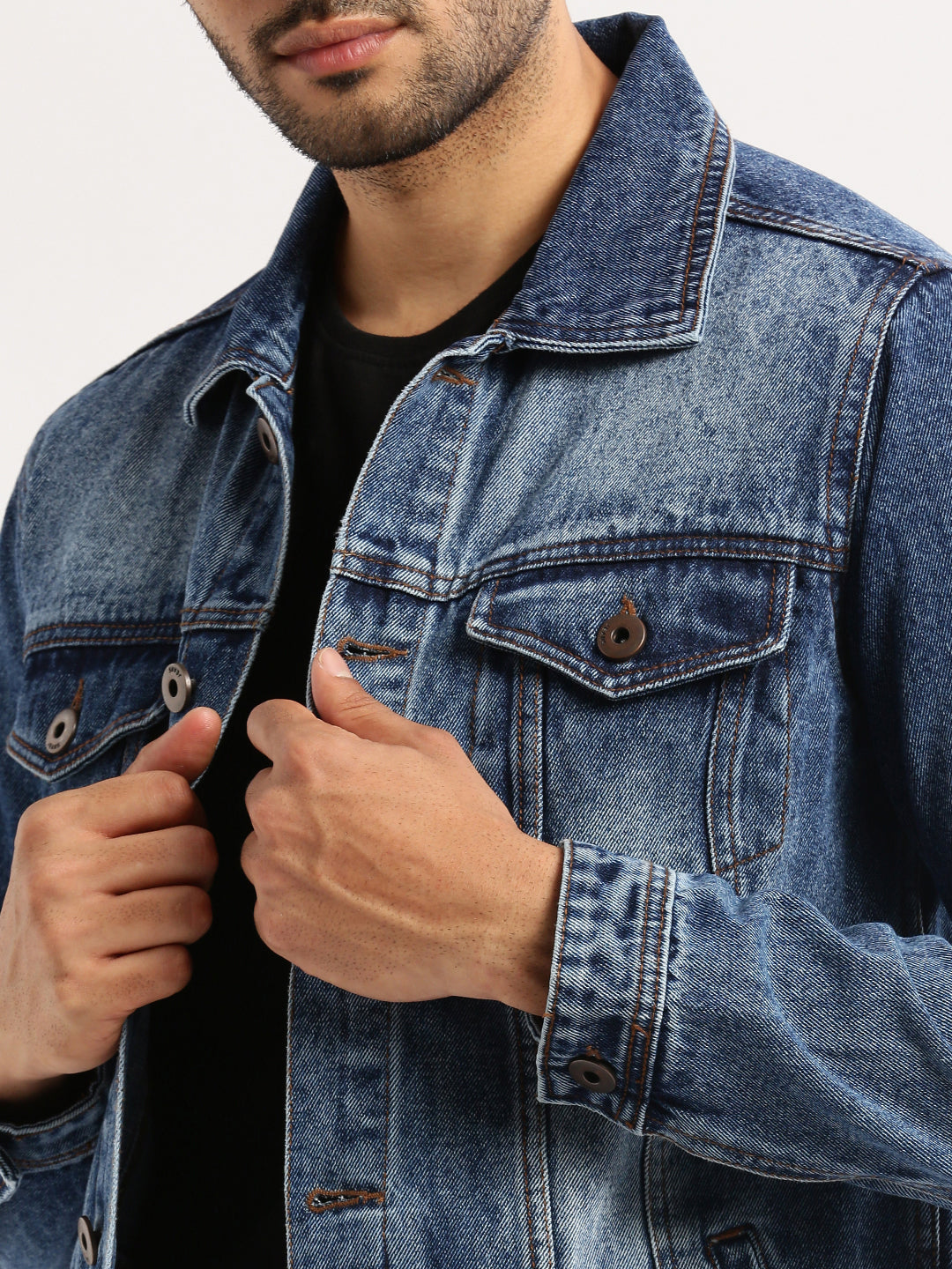 Men Blue Spread Collar Solid Denim Jacket