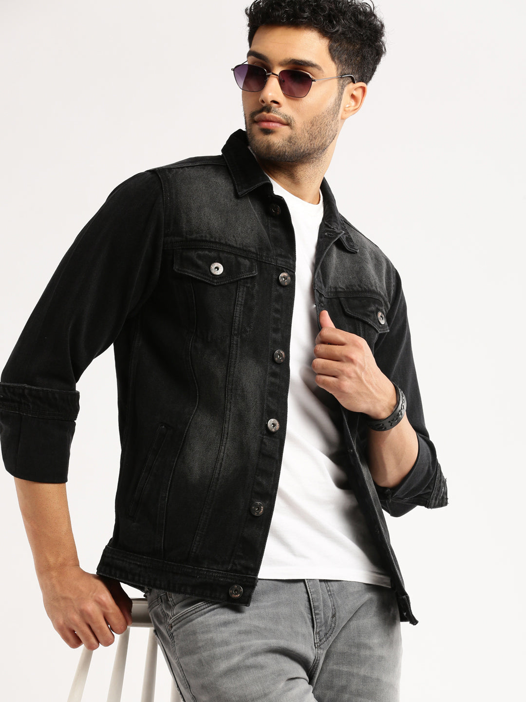 Men Charcoal Spread Collar Solid Denim Jacket