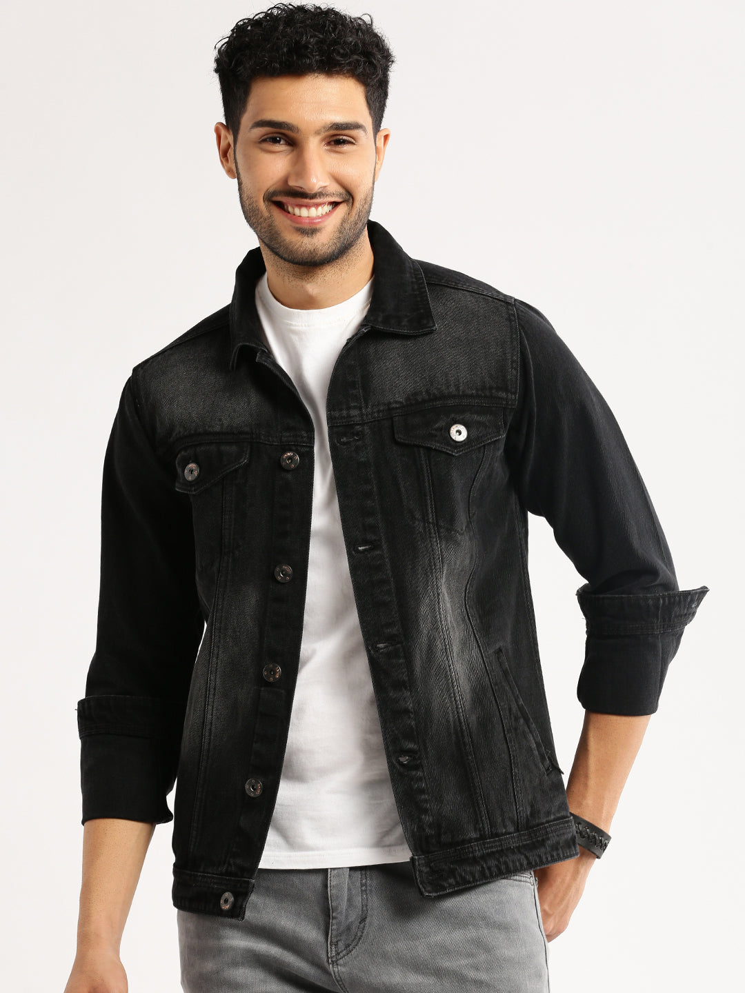 Men Charcoal Spread Collar Solid Denim Jacket