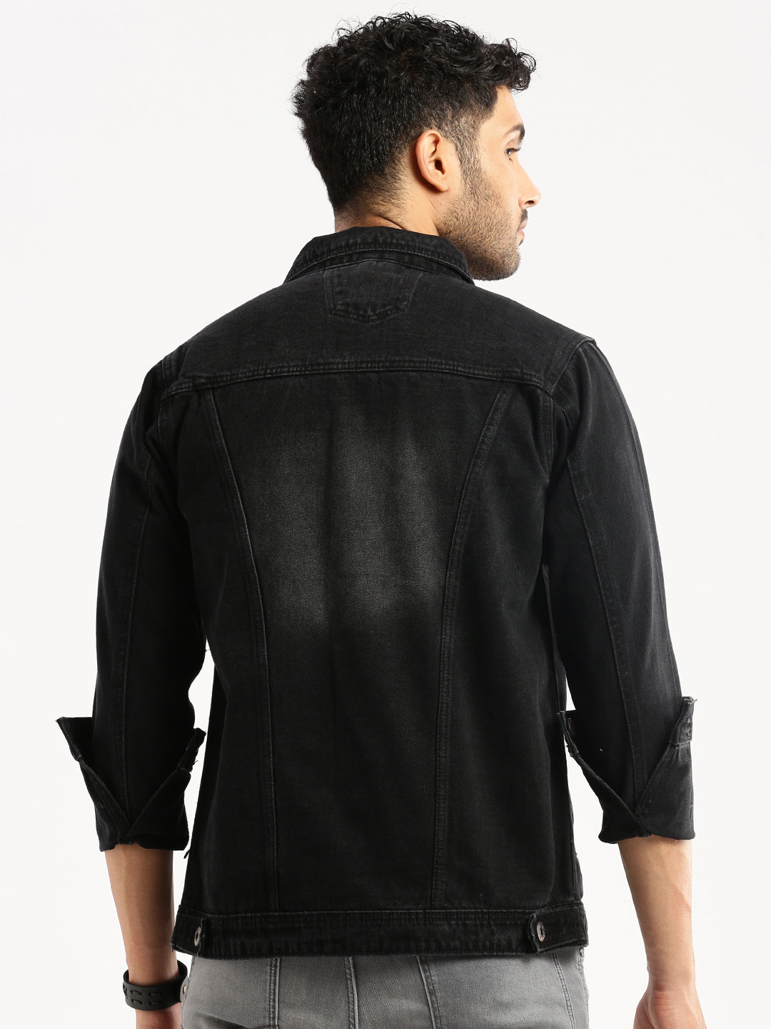 Men Charcoal Spread Collar Solid Denim Jacket