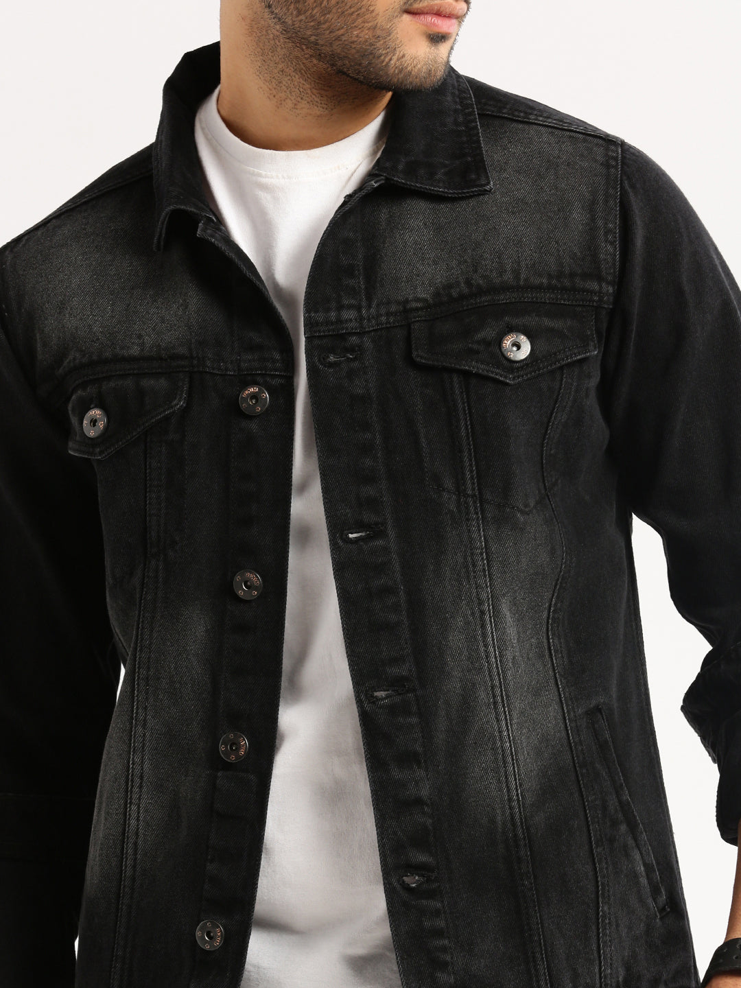 Men Charcoal Spread Collar Solid Denim Jacket