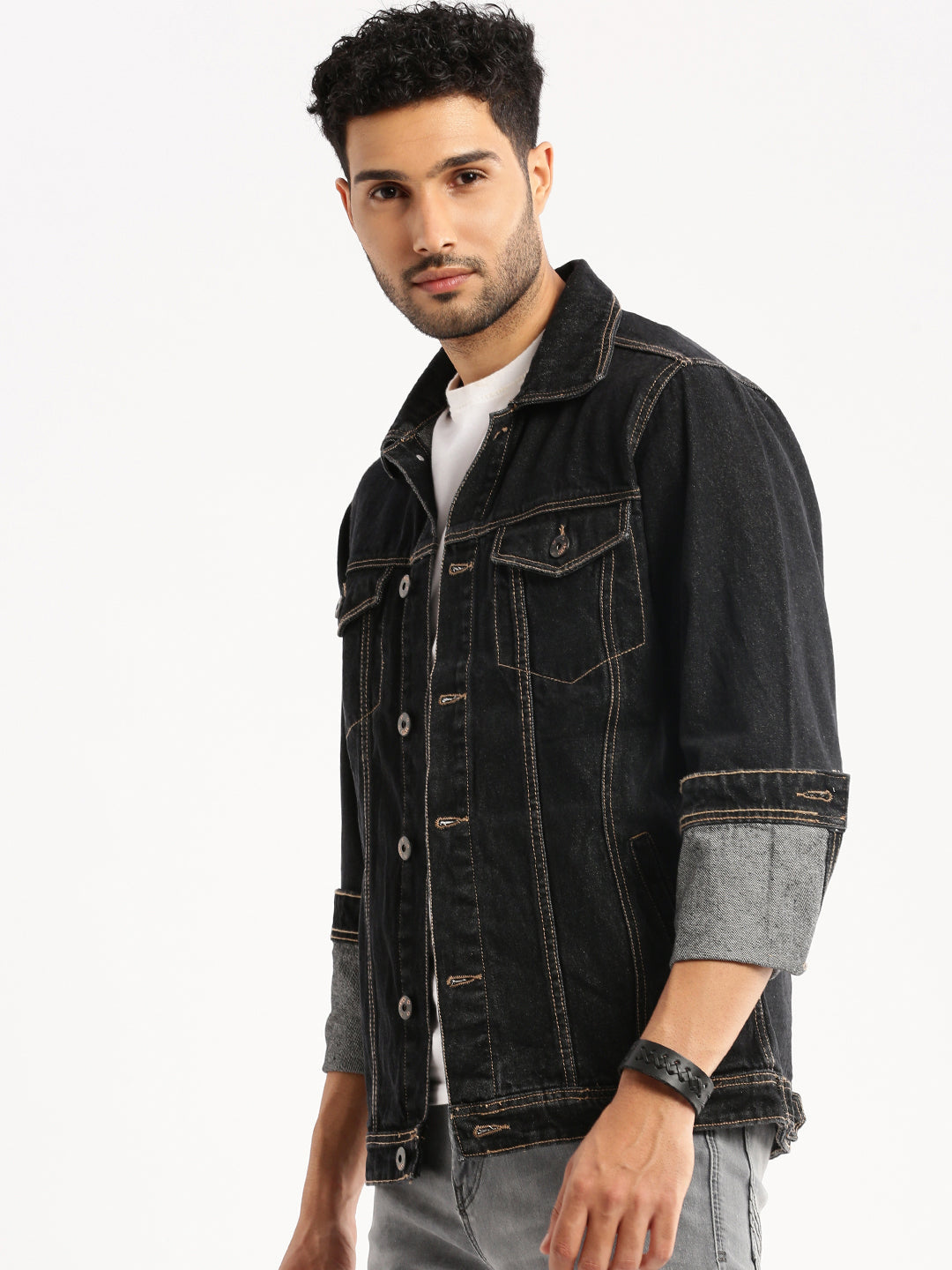 Men Charcoal Spread Collar Solid Denim Jacket