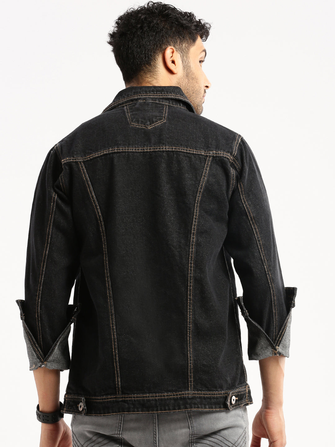 Men Charcoal Spread Collar Solid Denim Jacket