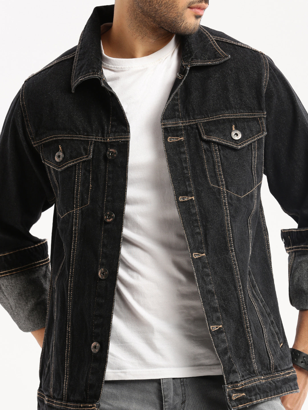 Men Charcoal Spread Collar Solid Denim Jacket