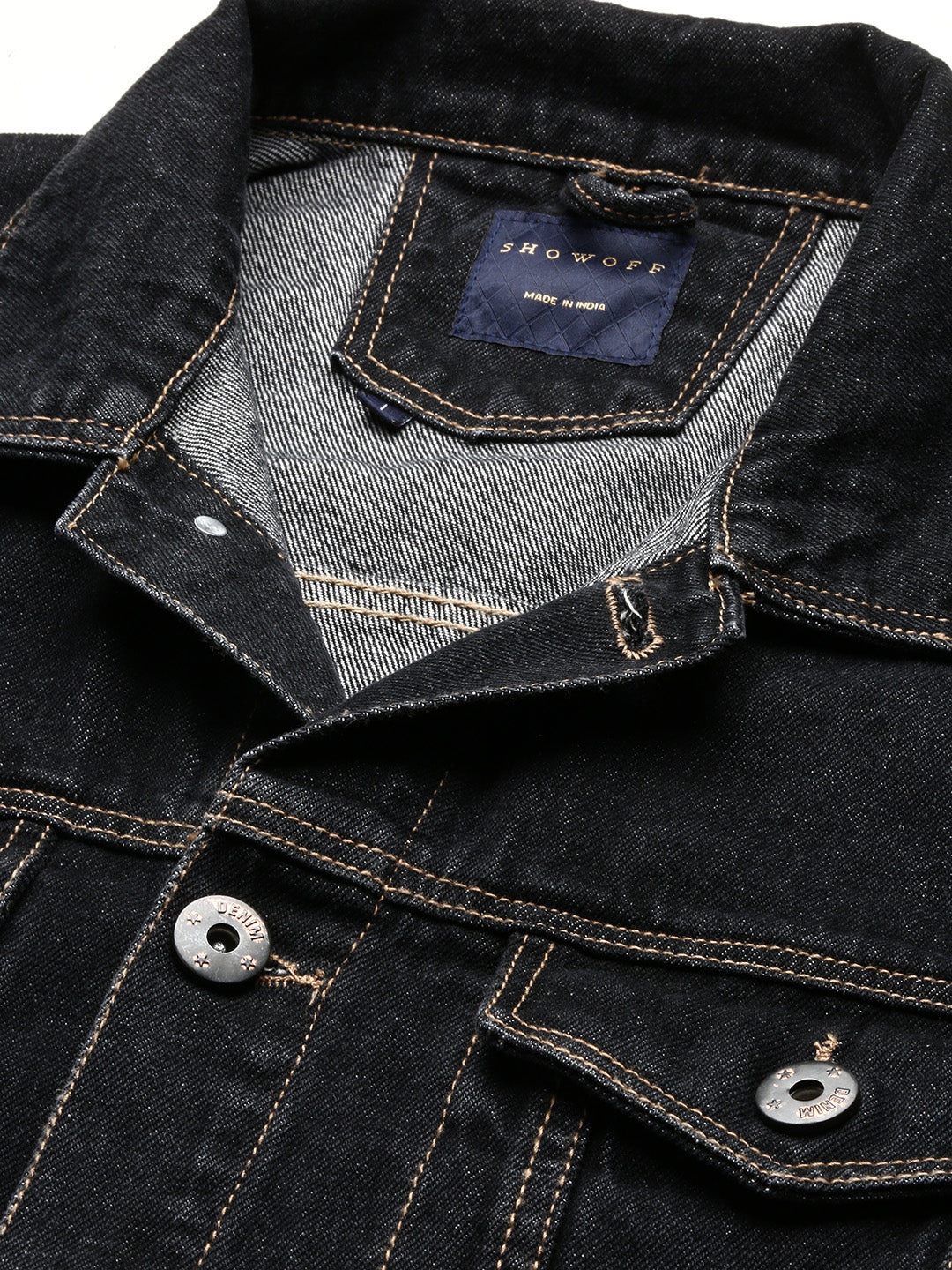 Men Charcoal Spread Collar Solid Denim Jacket