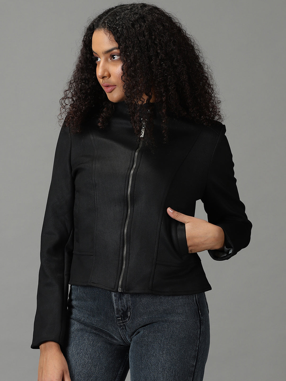 Women's Black Solid Open Front Jacket