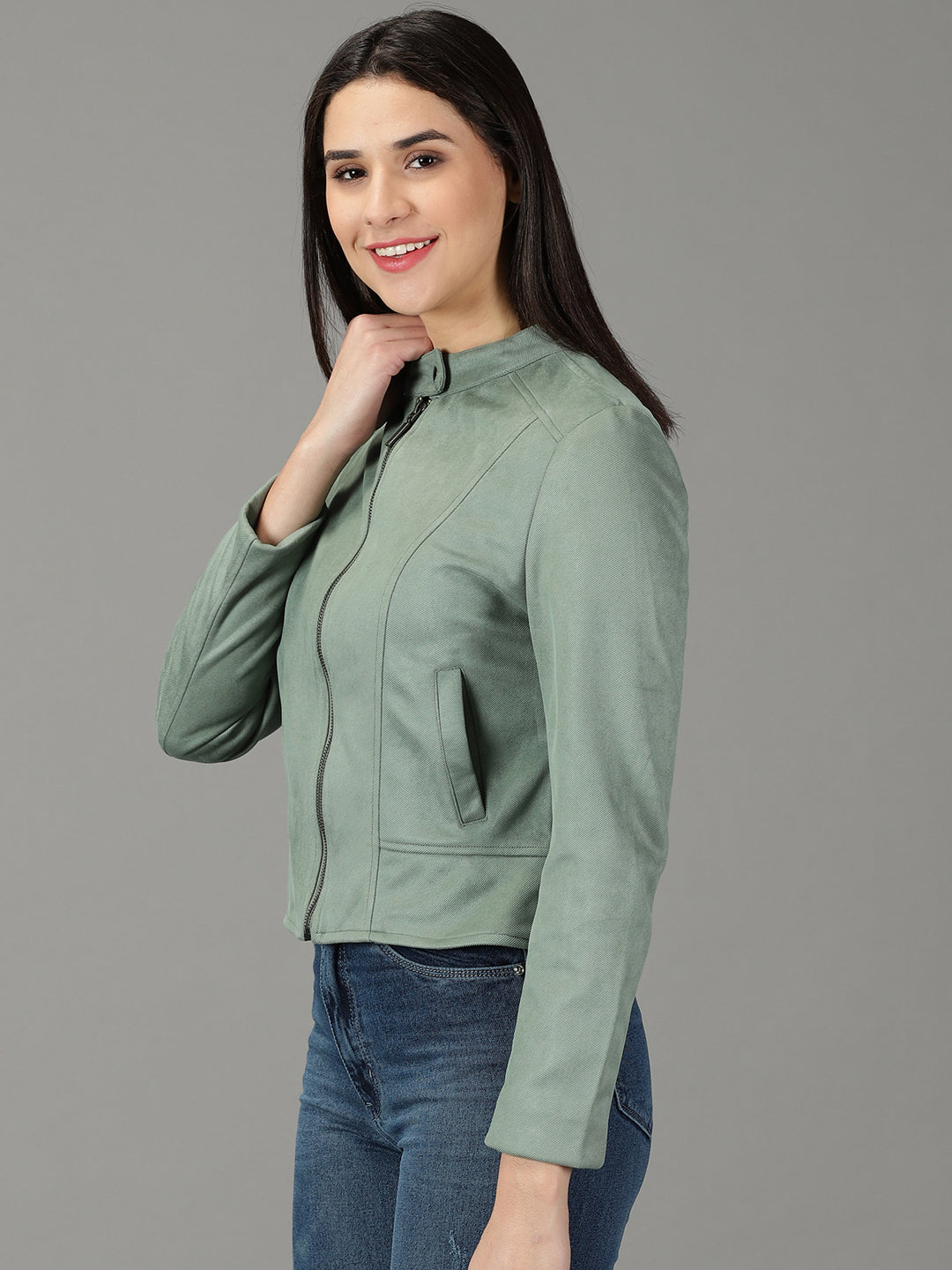 Women's Sea Green Solid Open Front Jacket