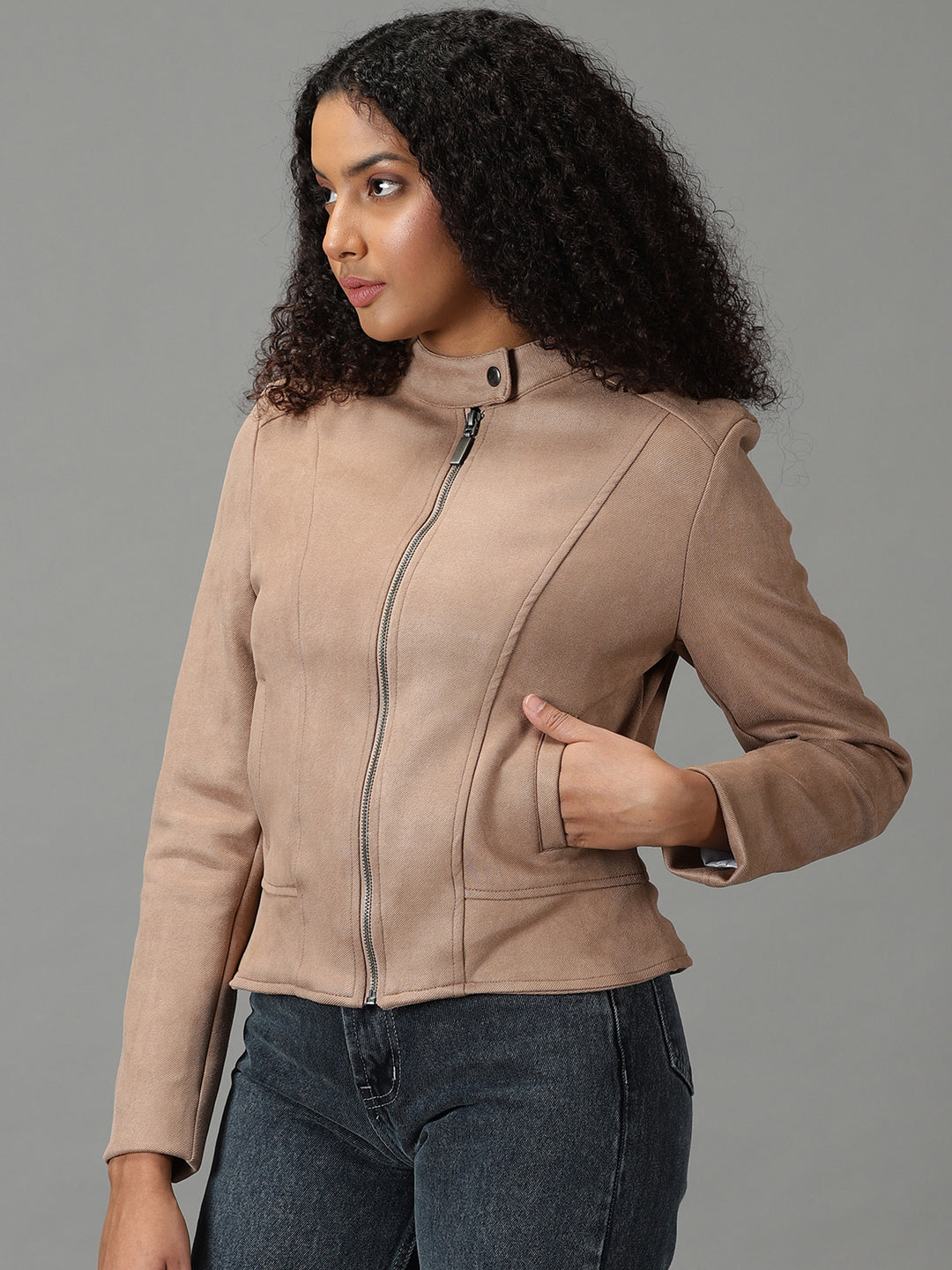 Women's Taupe Solid Open Front Jacket