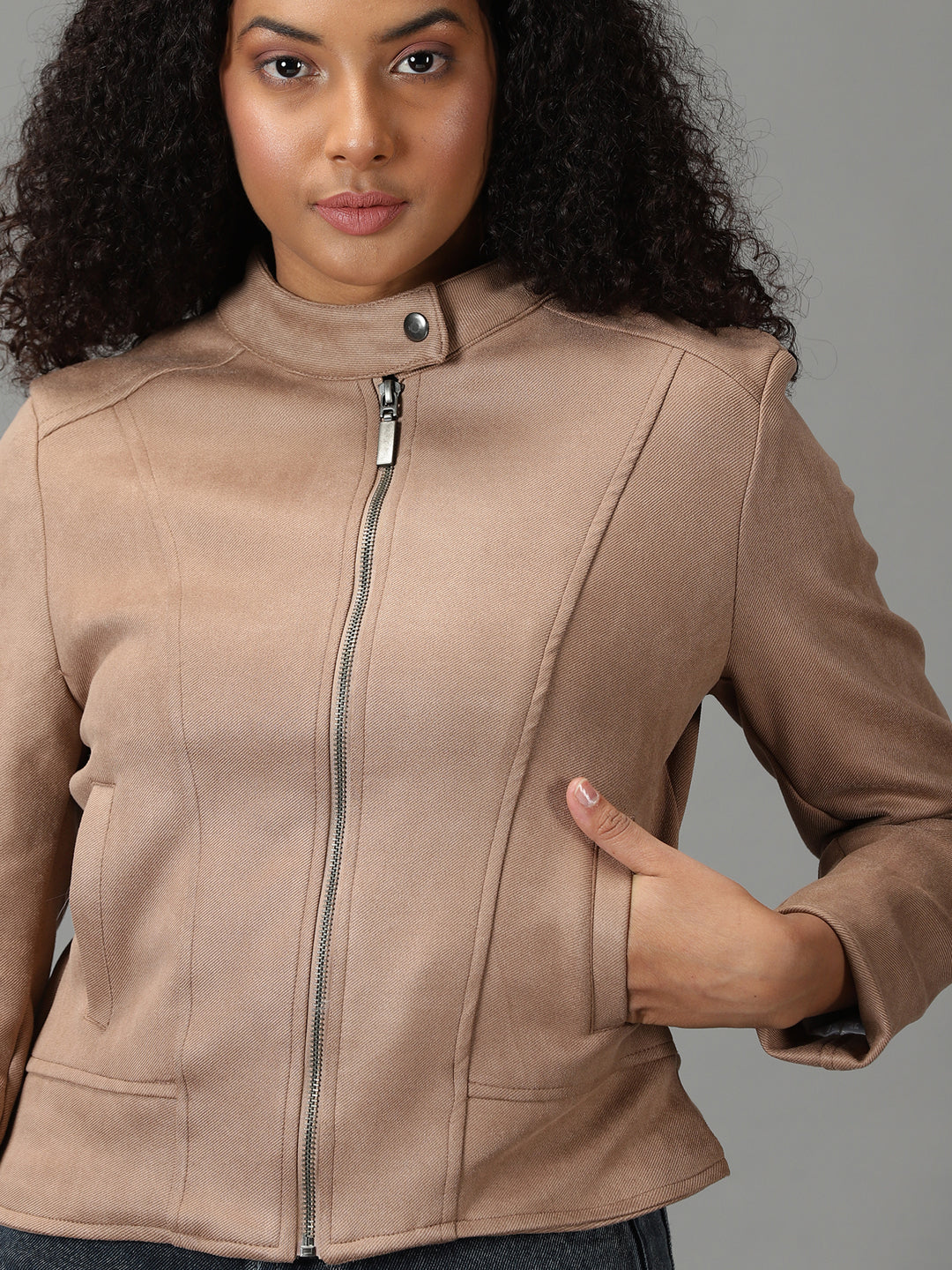 Women's Taupe Solid Open Front Jacket