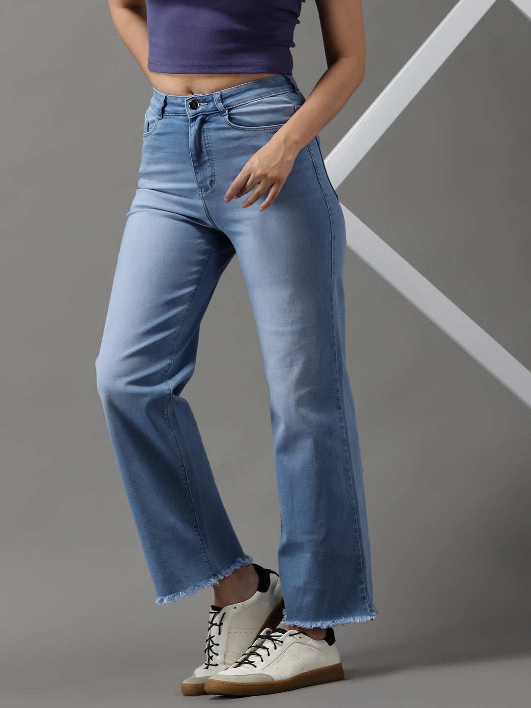 Women's Blue Solid Wide Leg Denim Jeans