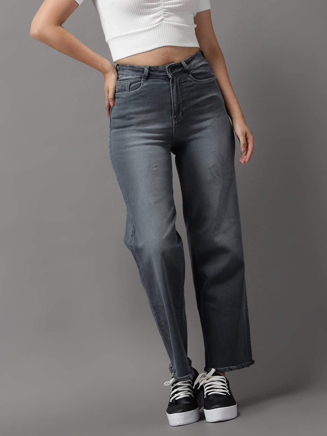 Women's Grey Jean Wide Leg High-Rise Light Fade Jeans