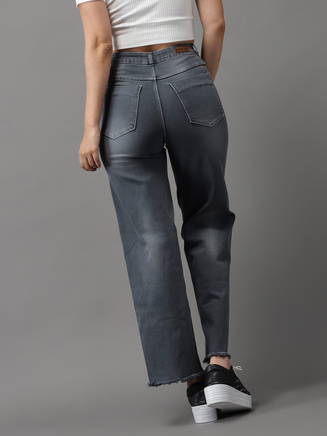 Women's Grey Jean Wide Leg High-Rise Light Fade Jeans