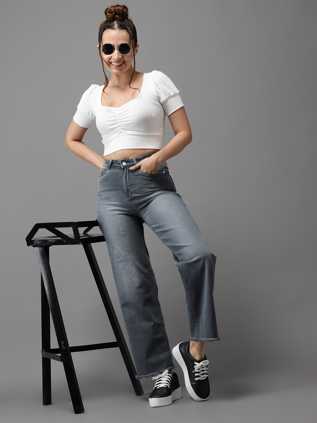 Women's Grey Jean Wide Leg High-Rise Light Fade Jeans