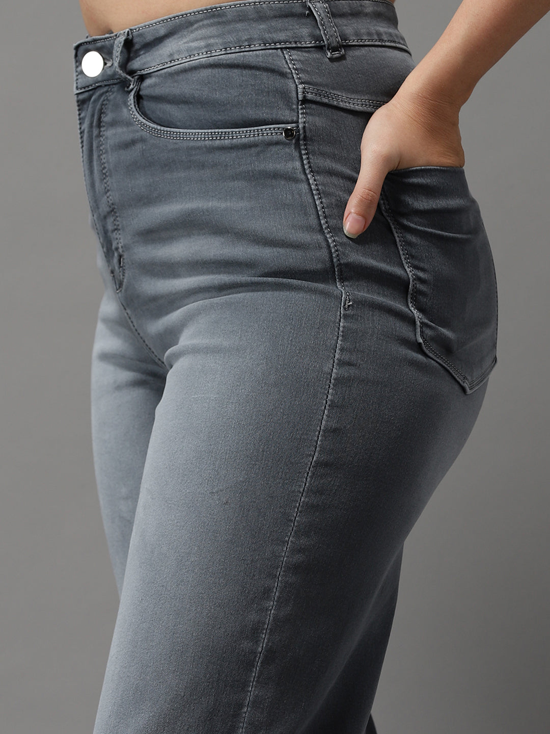 Women's Grey Solid Wide Leg Denim Jeans