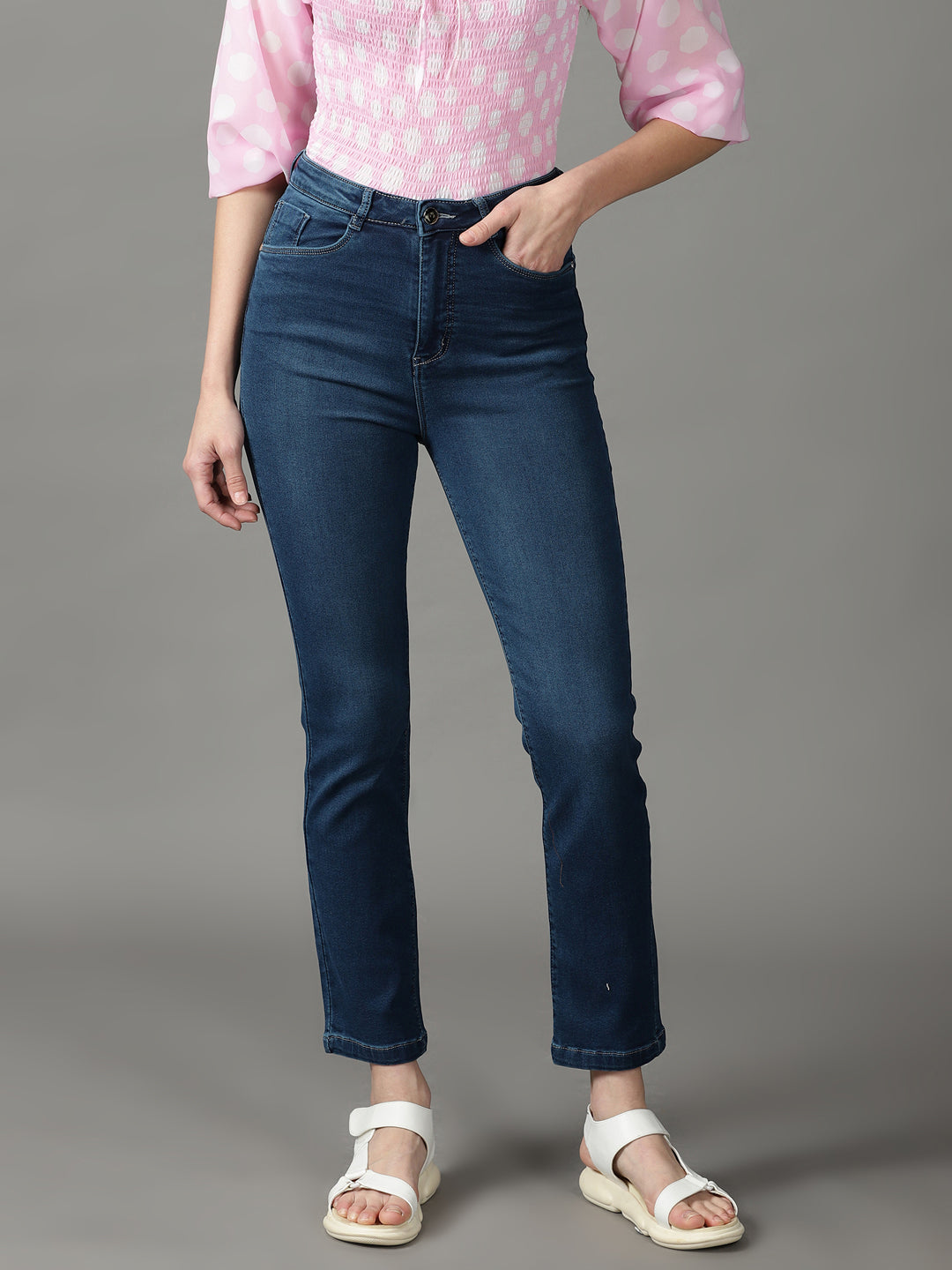 Women's Navy Blue Solid Fit Denim Jeans