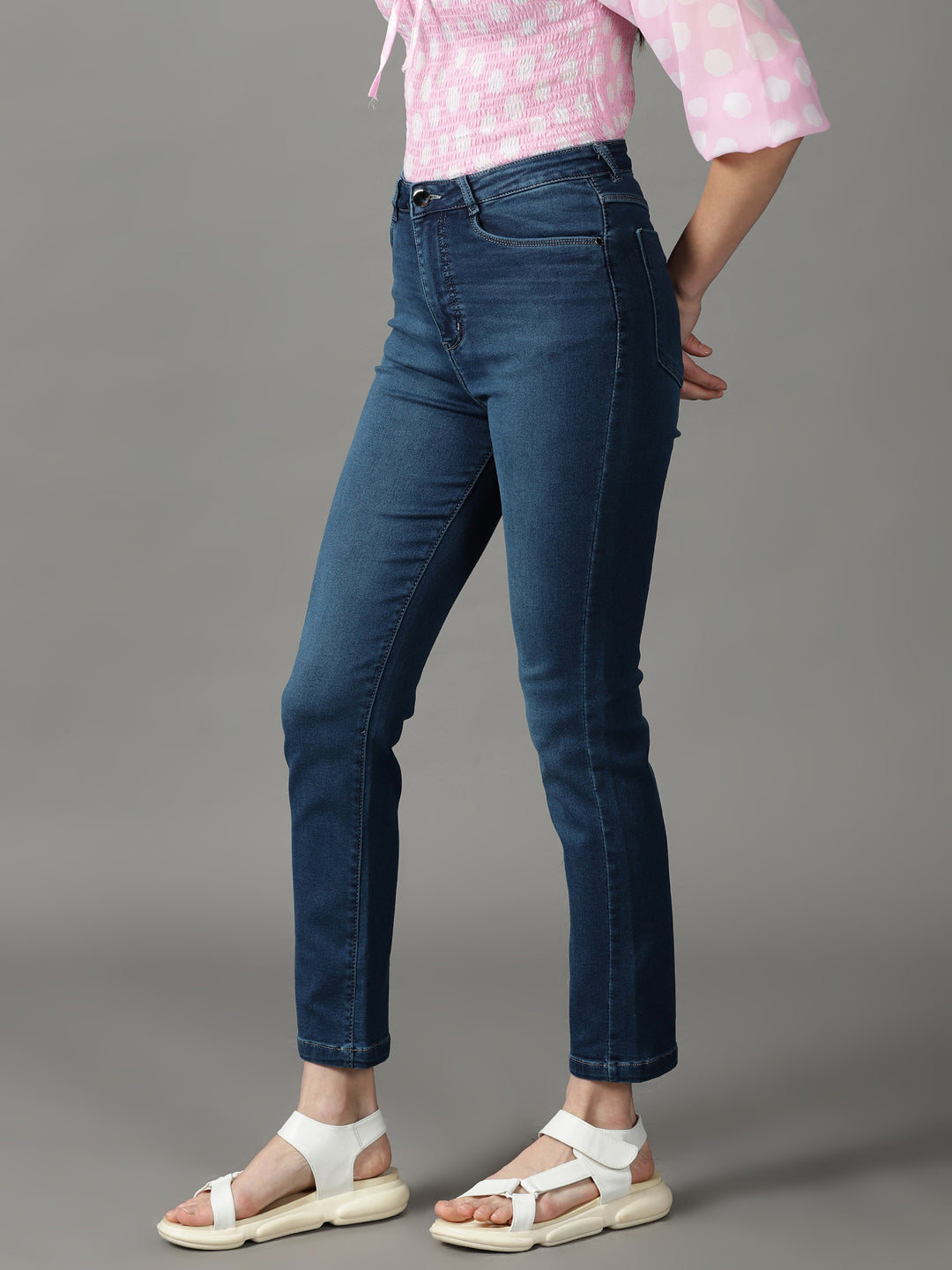 Women's Navy Blue Solid Fit Denim Jeans