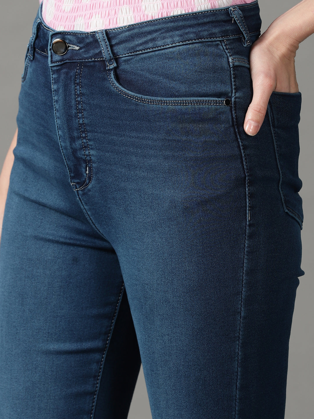 Women's Navy Blue Solid Fit Denim Jeans