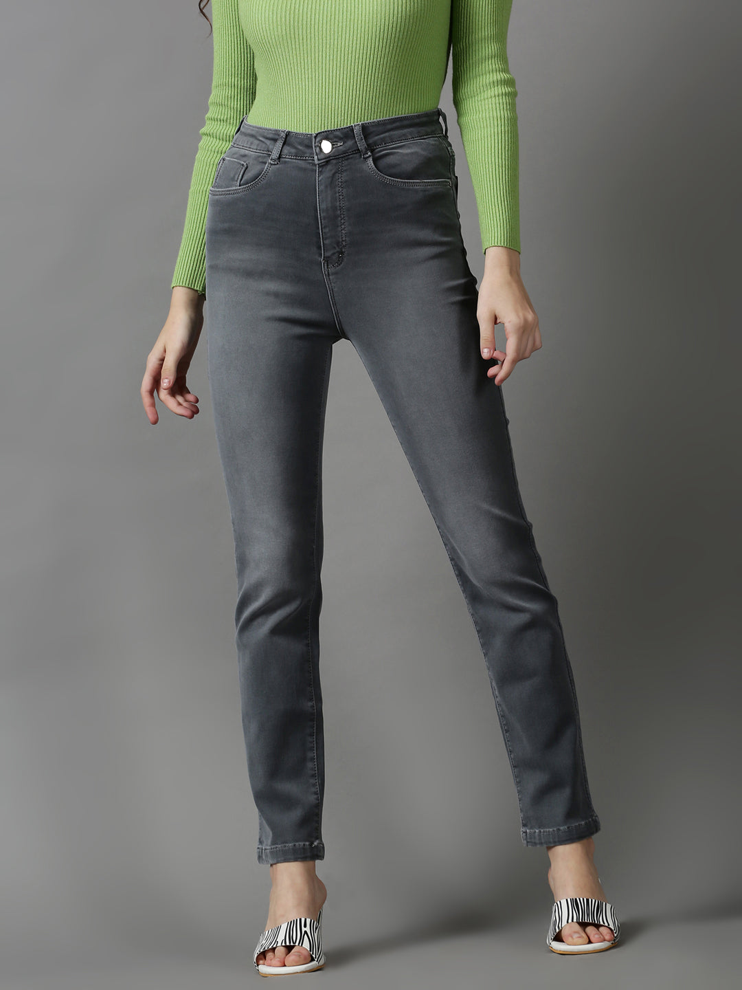 Women's Grey Solid Slim Fit Denim Jeans