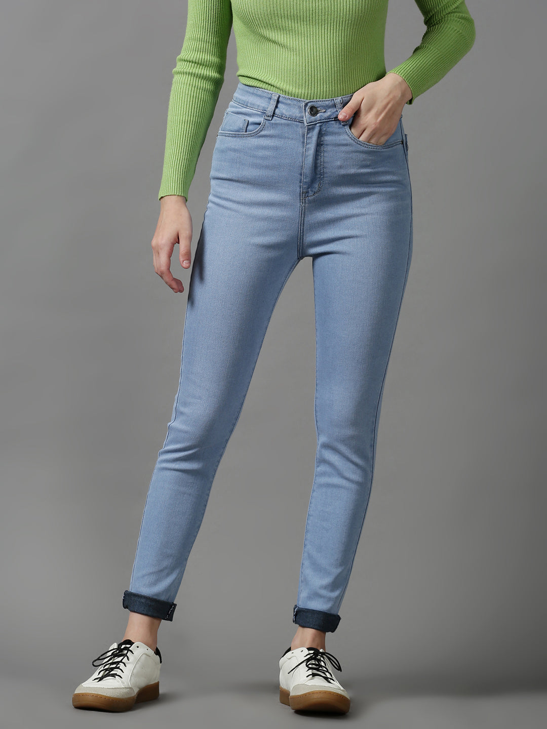 Women's Blue Solid Regular Fit Denim Jeans