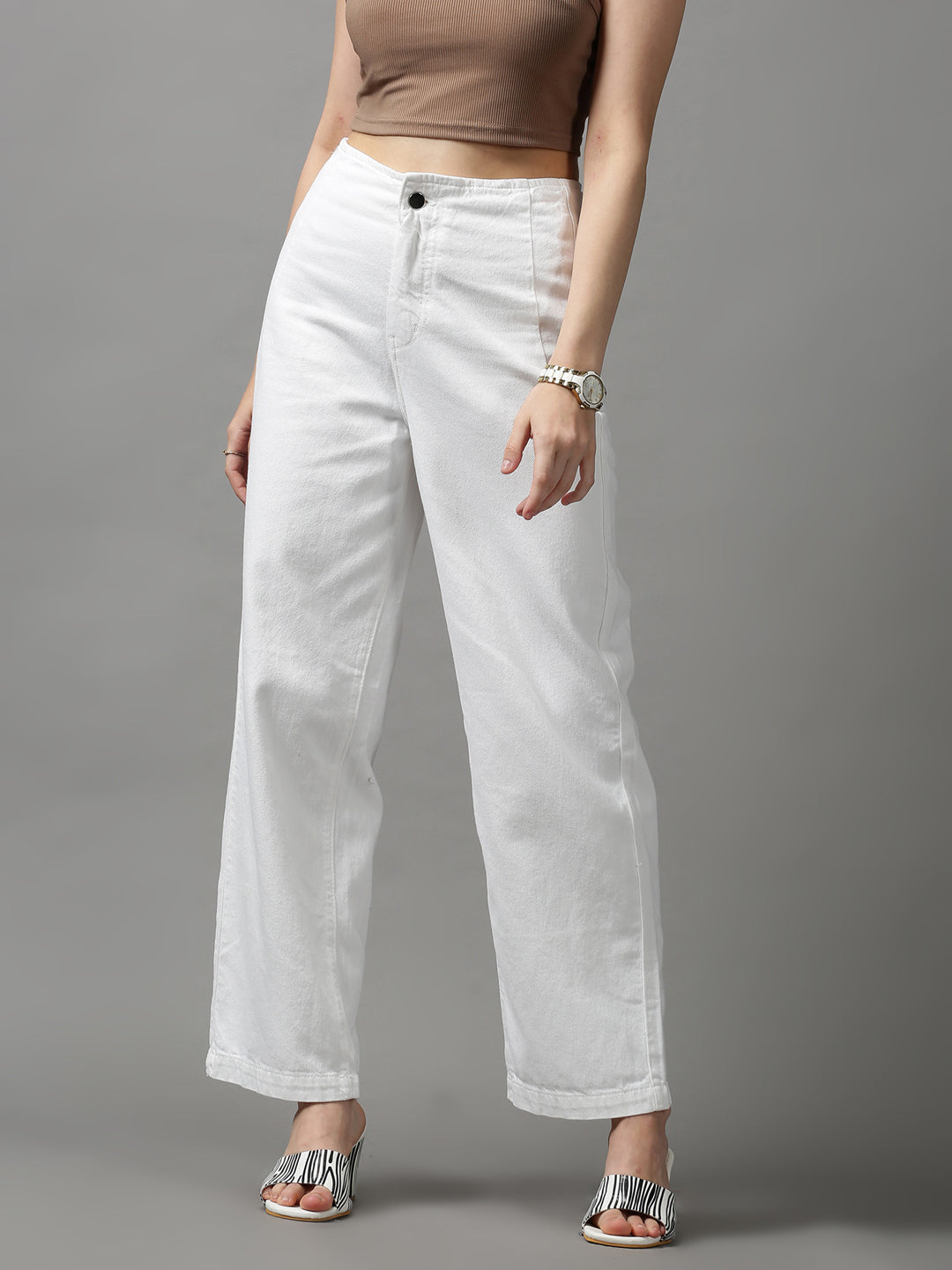 Women's White Solid Straight Fit Denim Jeans