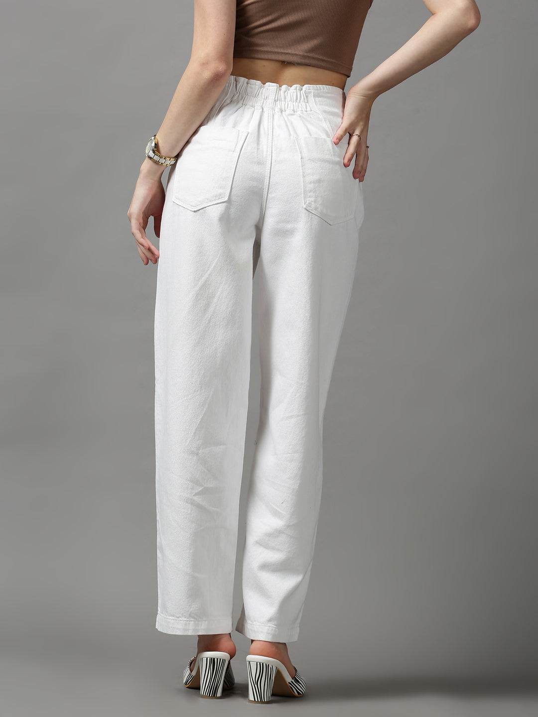 Women's White Solid Straight Fit Denim Jeans
